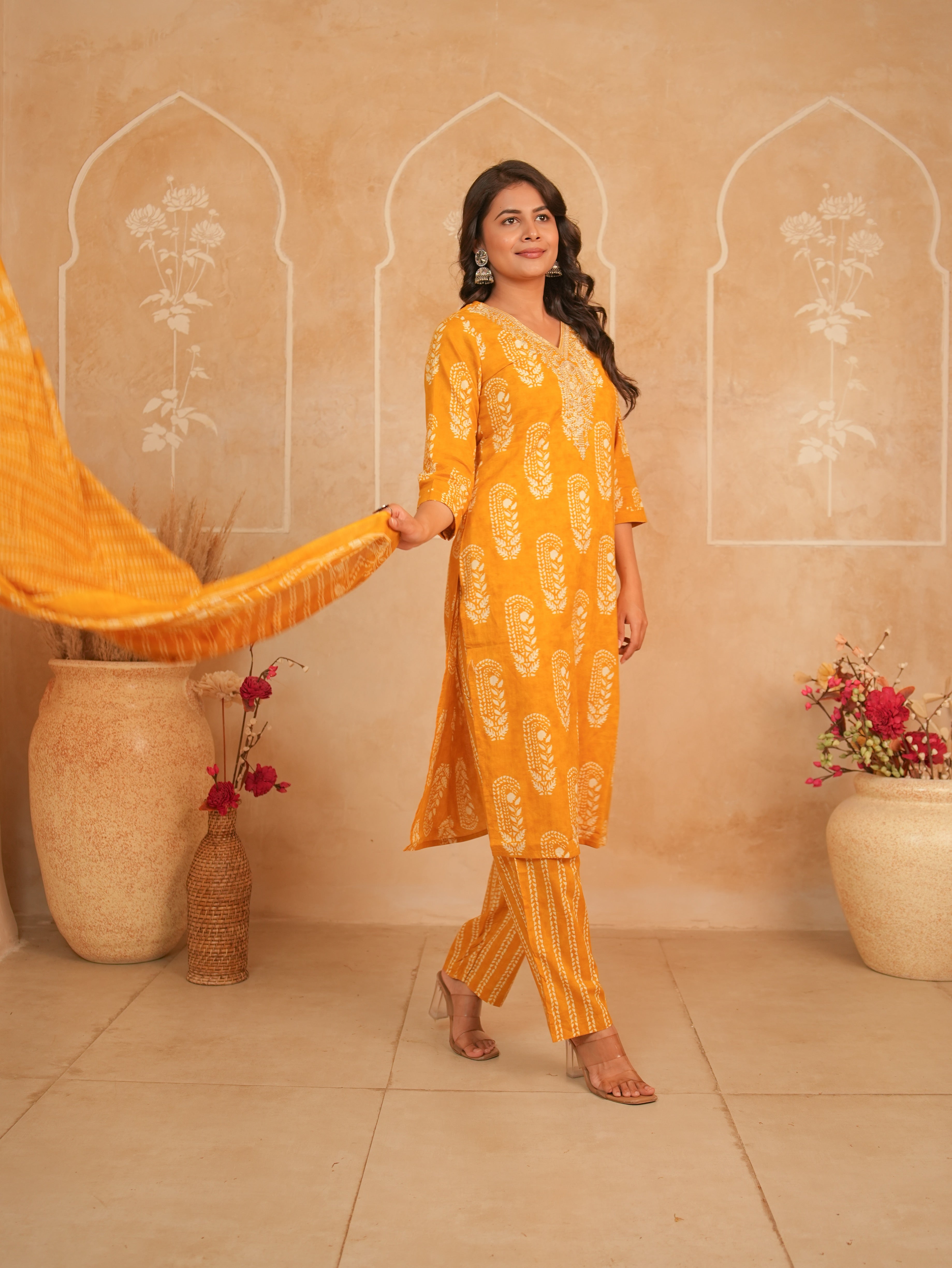 Amber Orange Printed Pure Cotton Kurti Set with Embellished Neckline
