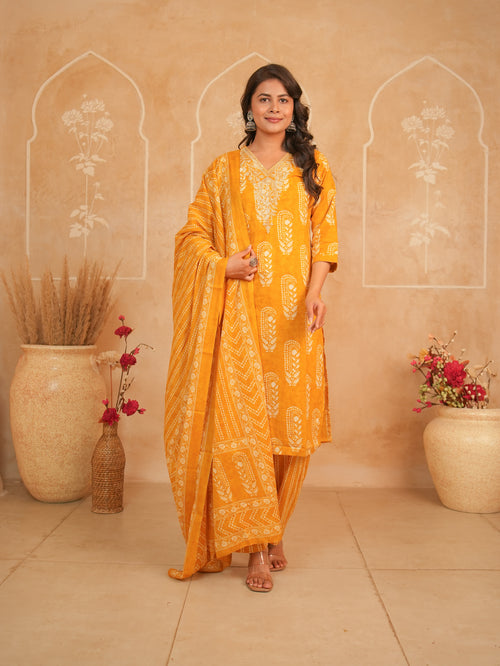 Amber Orange Printed Pure Cotton Kurti Set with Embellished Neckline