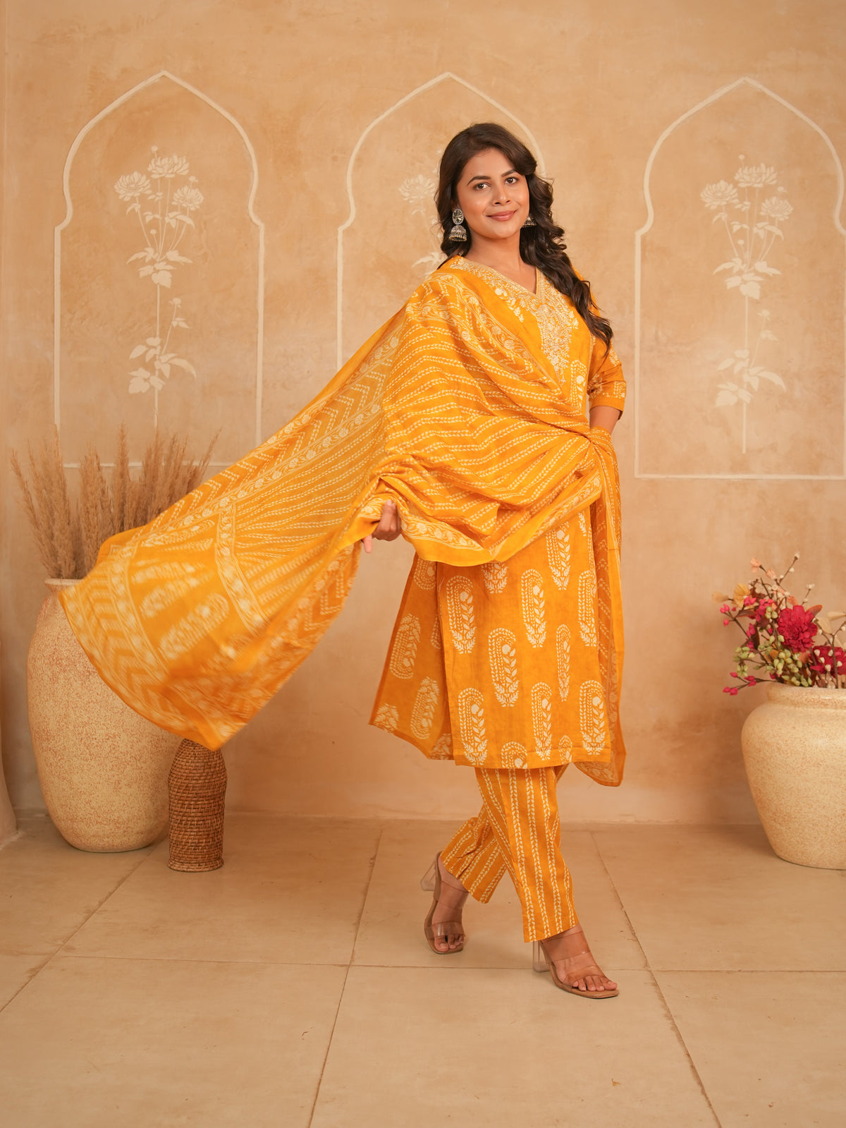Amber Orange Printed Pure Cotton Kurti Set with Embellished Neckline