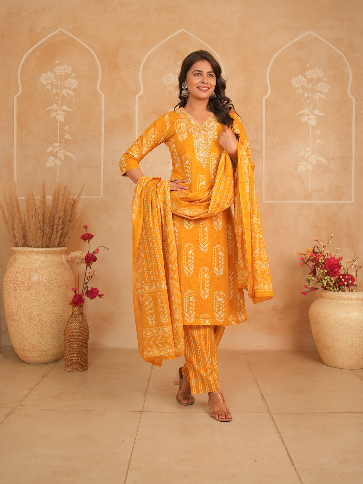 Amber Orange Printed Pure Cotton Kurti Set with Embellished Neckline