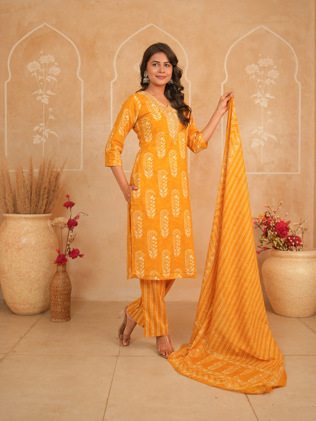 Amber Orange Printed Pure Cotton Kurti Set with Embellished Neckline