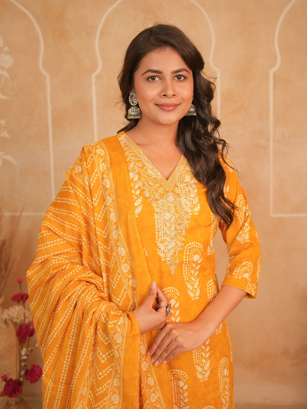 Amber Orange Printed Pure Cotton Kurti Set with Embellished Neckline