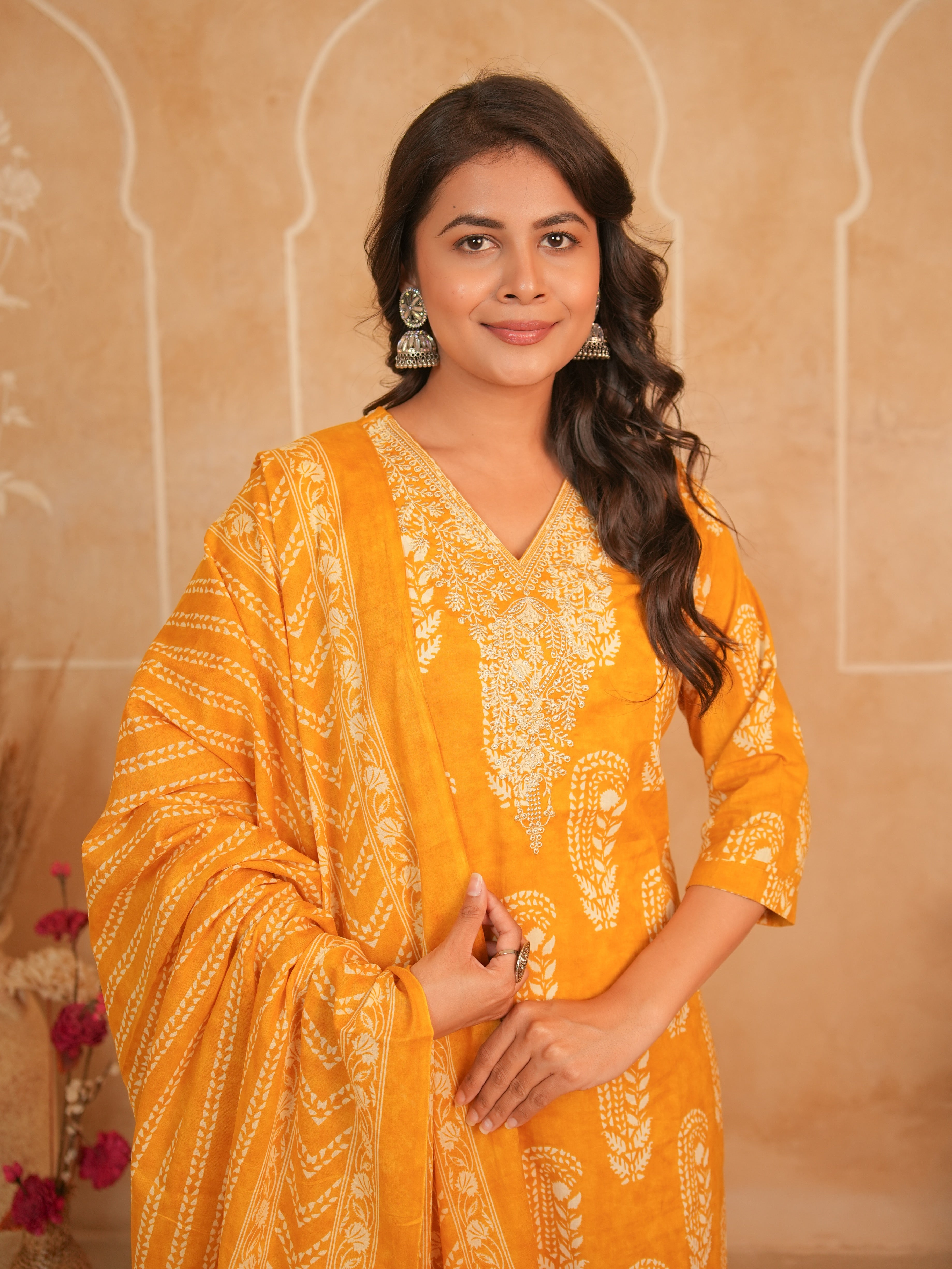 Amber Orange Printed Pure Cotton Kurti Set with Embellished Neckline
