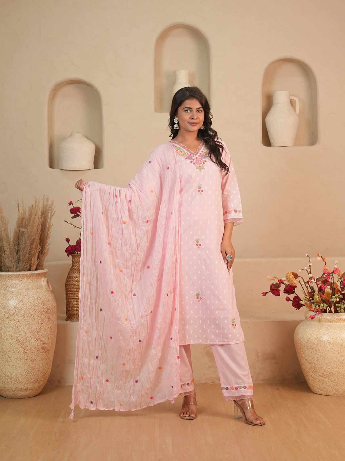Baby Pink Floral Embroidered Mul Cotton Kurti Set with Palazzo & Dupatta | Gouri Jaipur