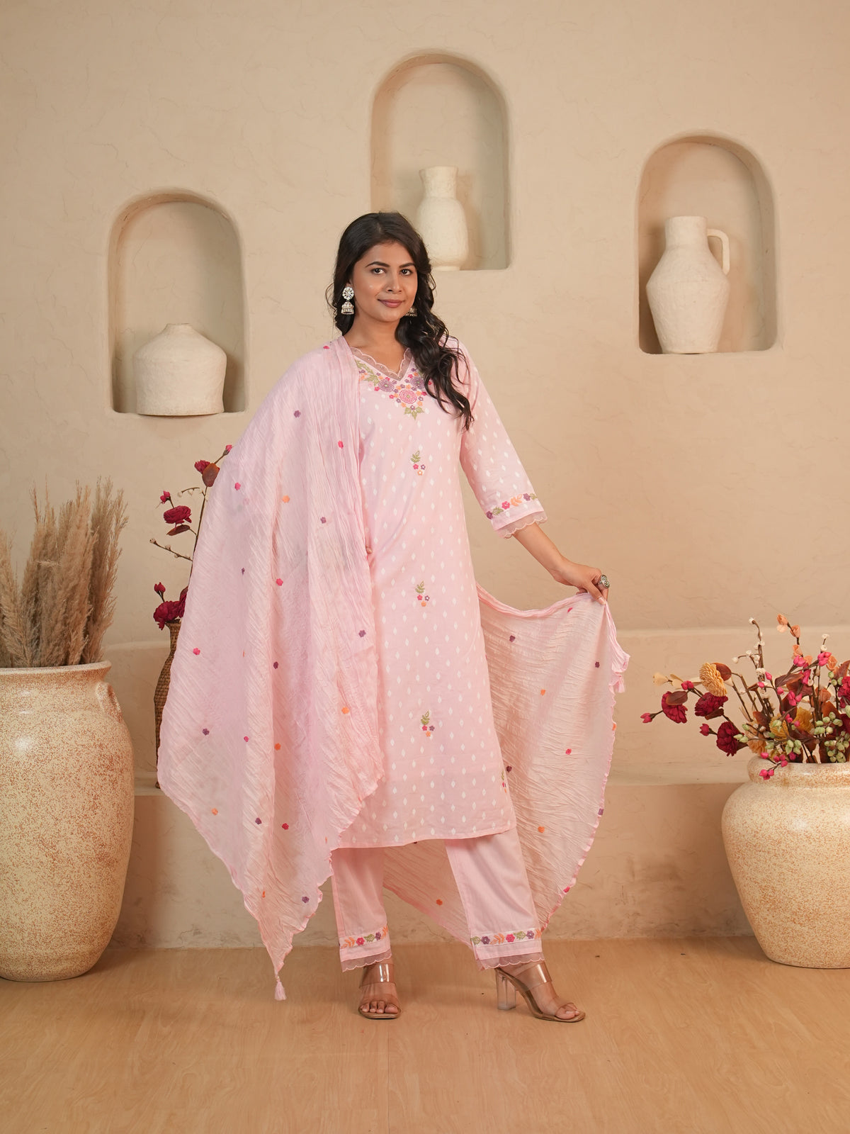 Baby Pink Floral Embroidered Mul Cotton Kurti Set with Palazzo & Dupatta | Gouri Jaipur