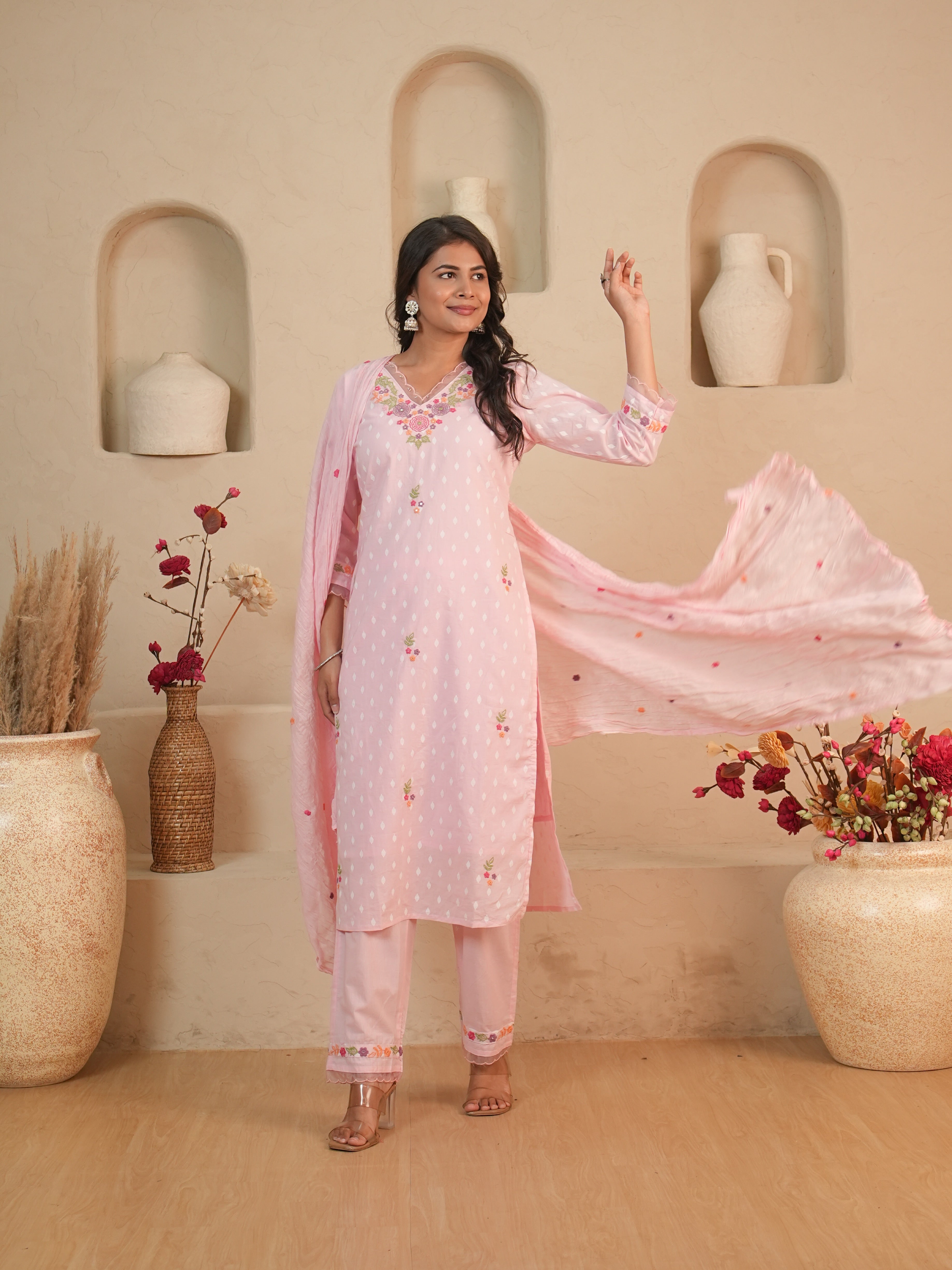 Baby Pink Floral Embroidered Mul Cotton Kurti Set with Palazzo & Dupatta | Gouri Jaipur