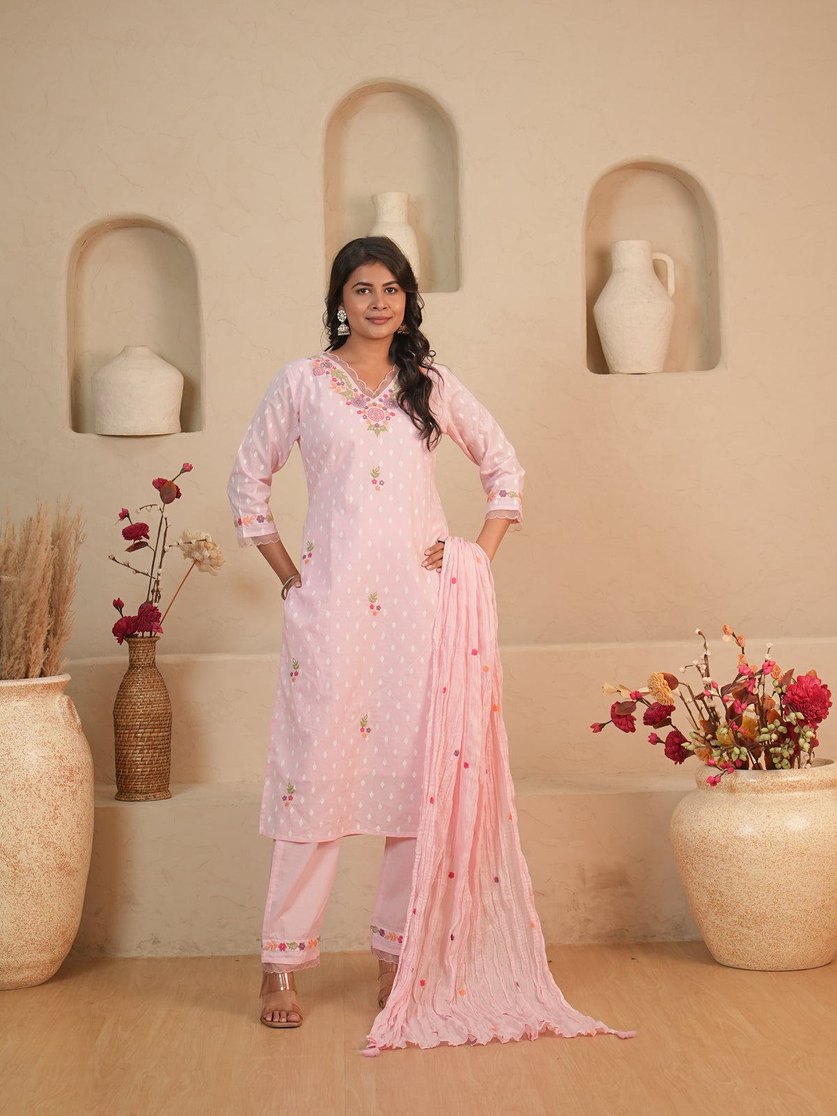 Baby Pink Floral Embroidered Mul Cotton Kurti Set with Palazzo & Dupatta | Gouri Jaipur