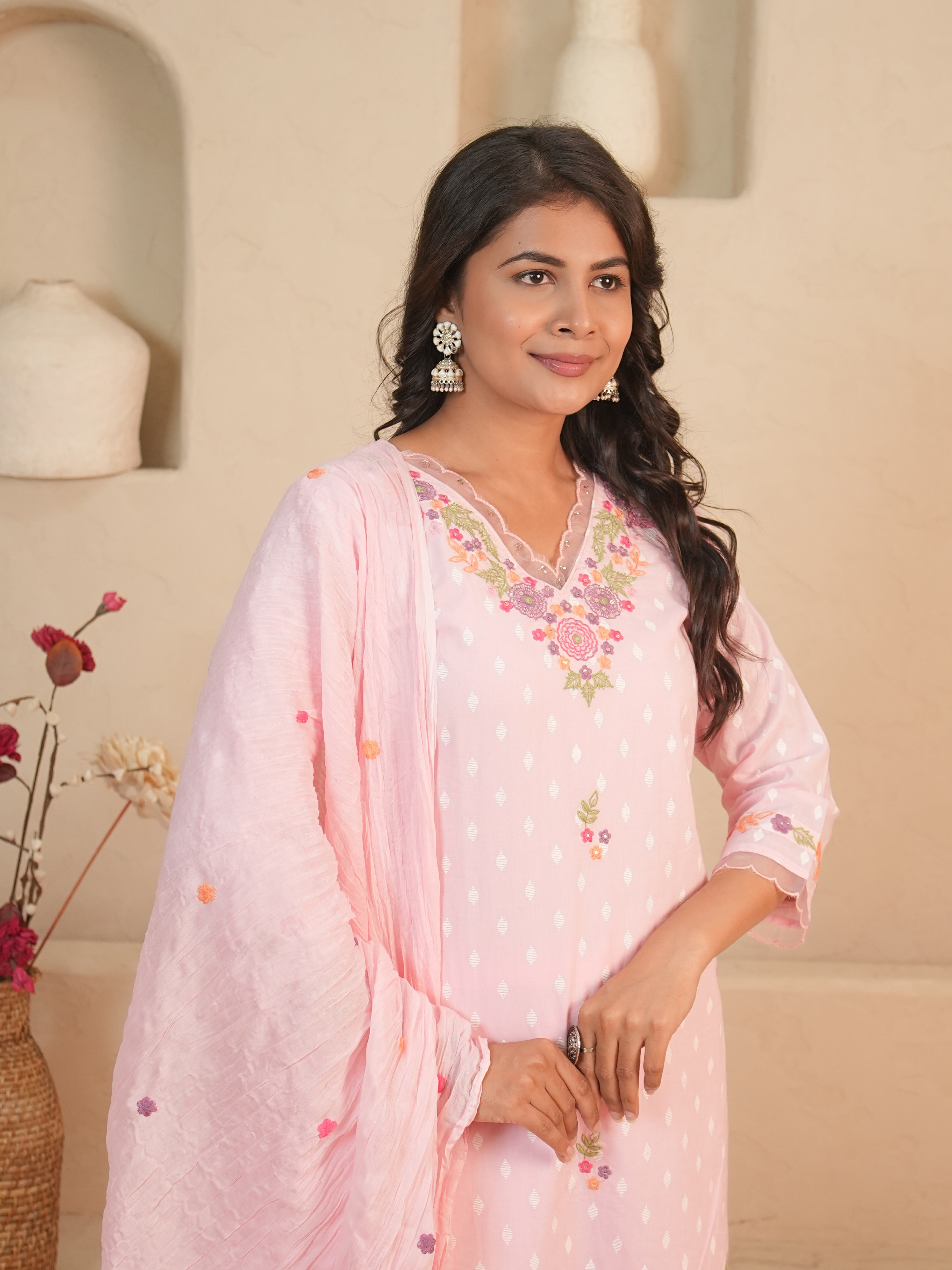 Baby Pink Floral Embroidered Mul Cotton Kurti Set with Palazzo & Dupatta | Gouri Jaipur