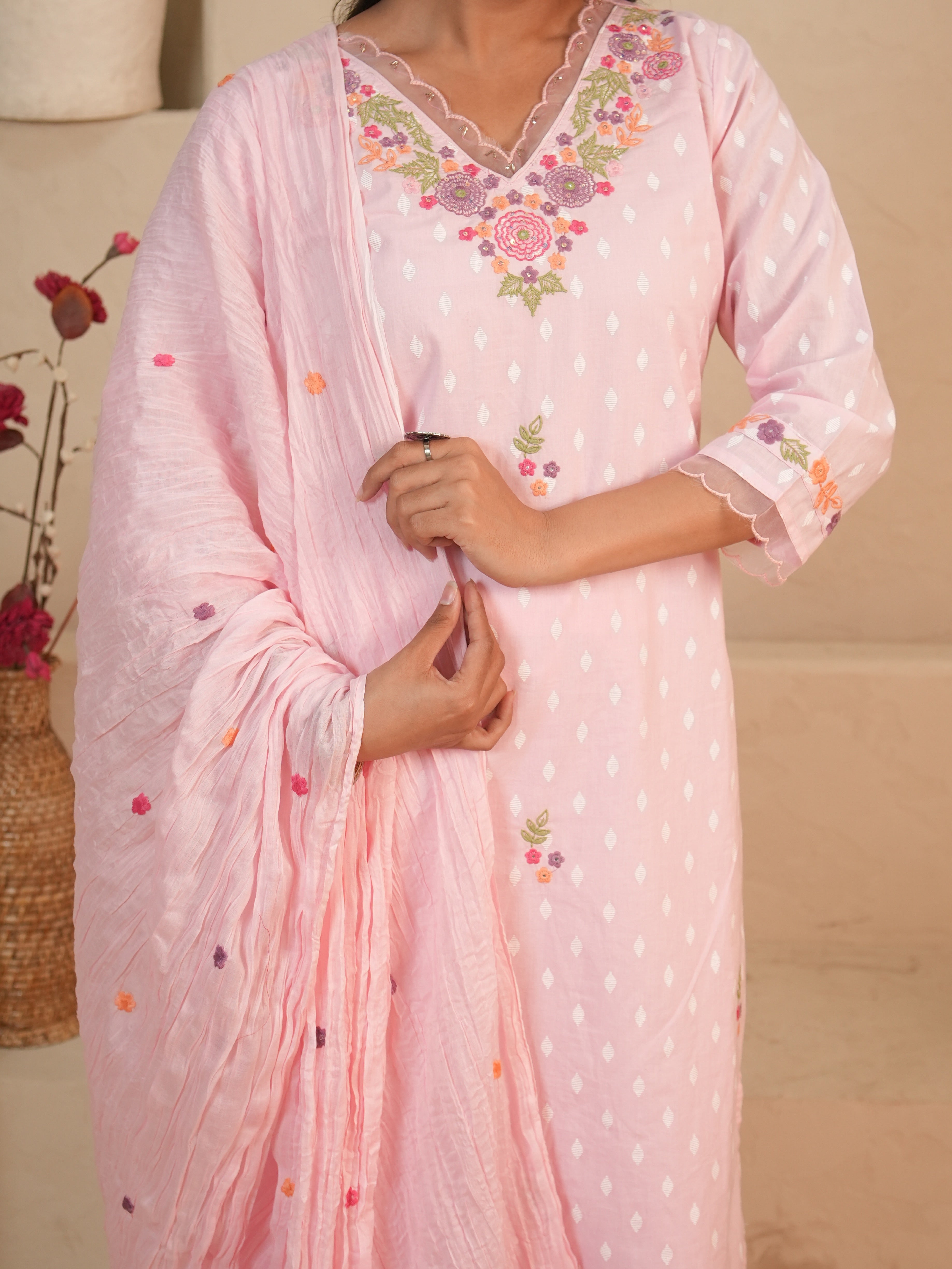 Baby Pink Floral Embroidered Mul Cotton Kurti Set with Palazzo & Dupatta | Gouri Jaipur