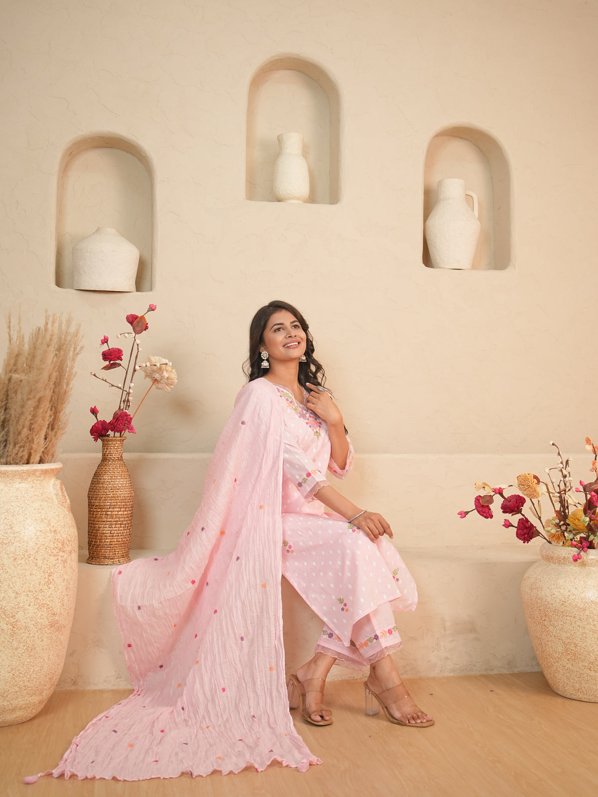 Baby Pink Floral Embroidered Mul Cotton Kurti Set with Palazzo & Dupatta | Gouri Jaipur