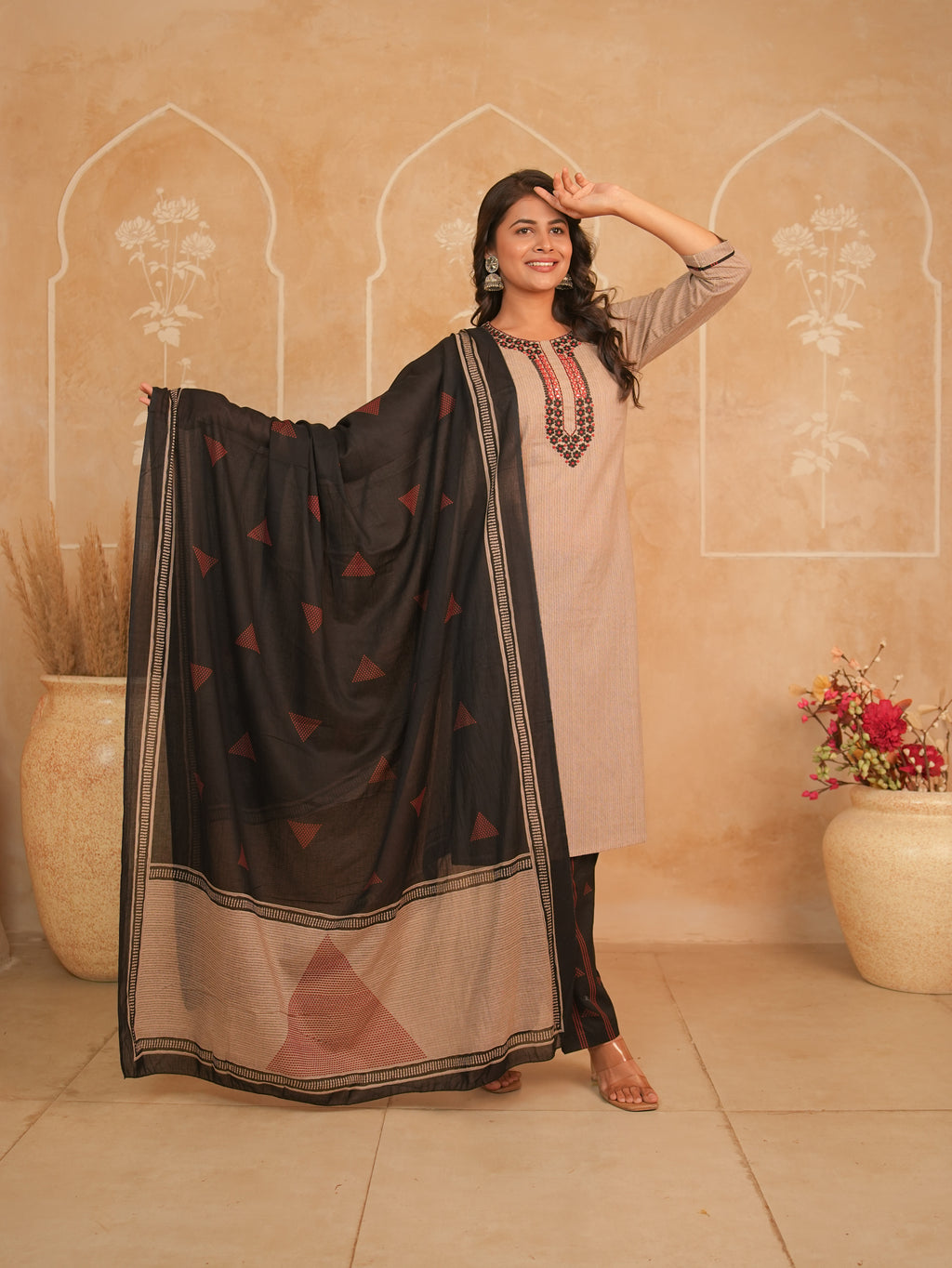 Beige Embroidered Cotton Kurti Set with Black Printed Palazzo | Gouri Jaipur