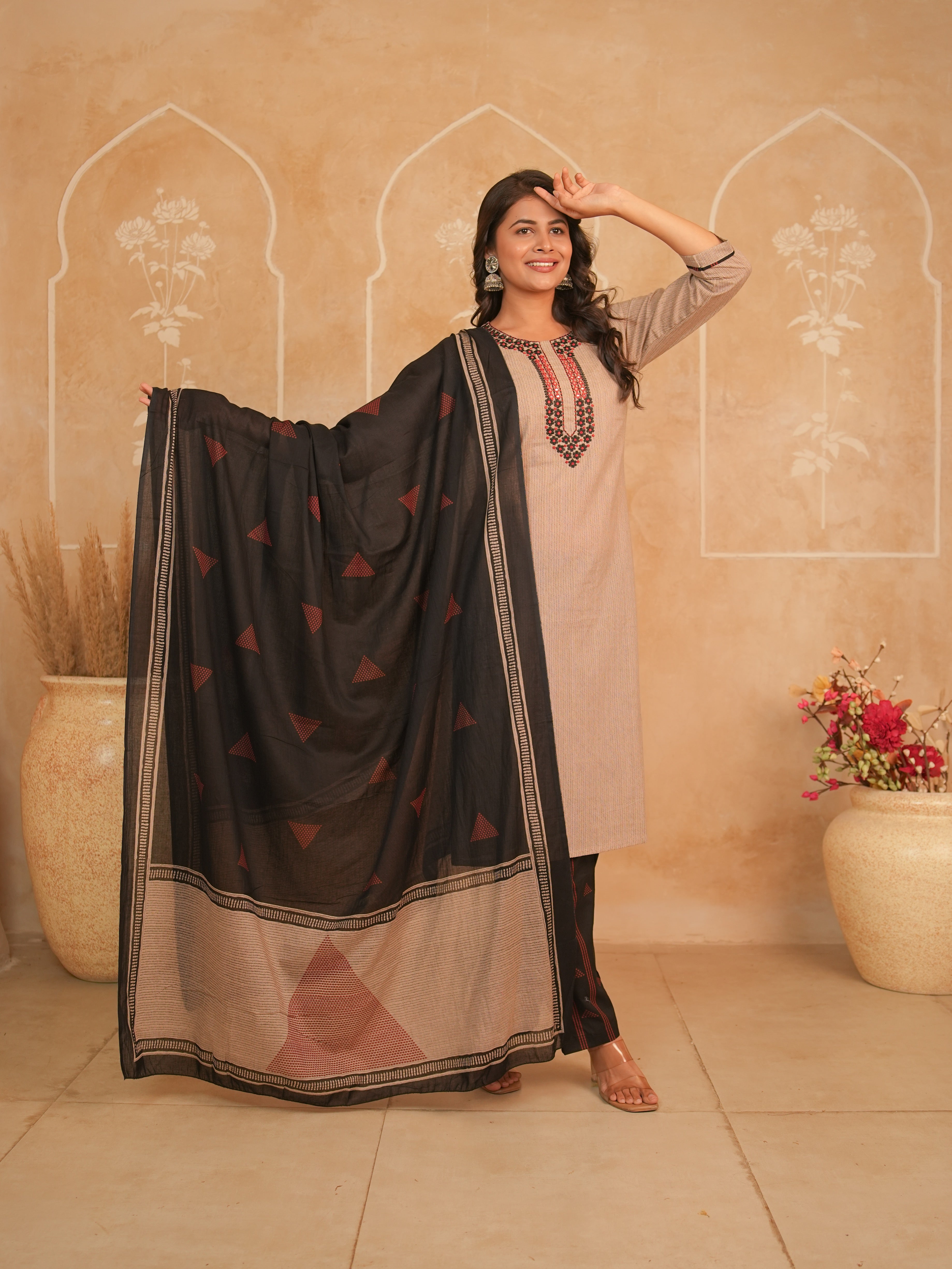 Beige Embroidered Cotton Kurti Set with Black Printed Palazzo | Gouri Jaipur