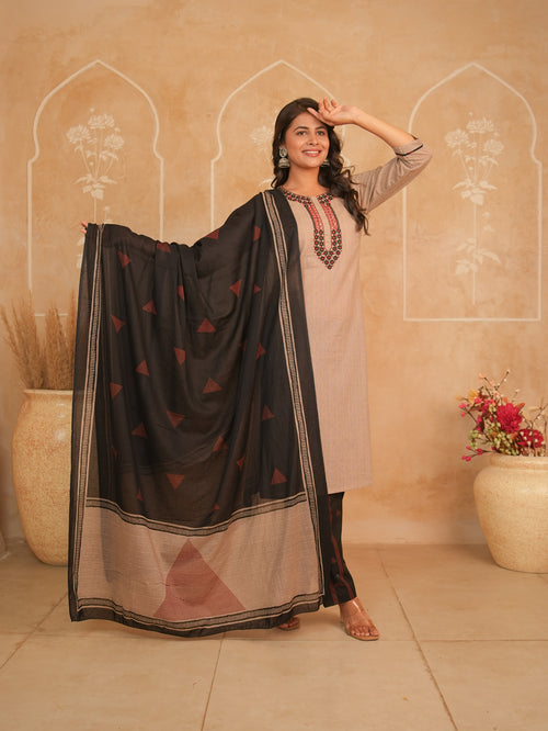 Beige Embroidered Cotton Kurti Set with Black Printed Palazzo | Gouri Jaipur