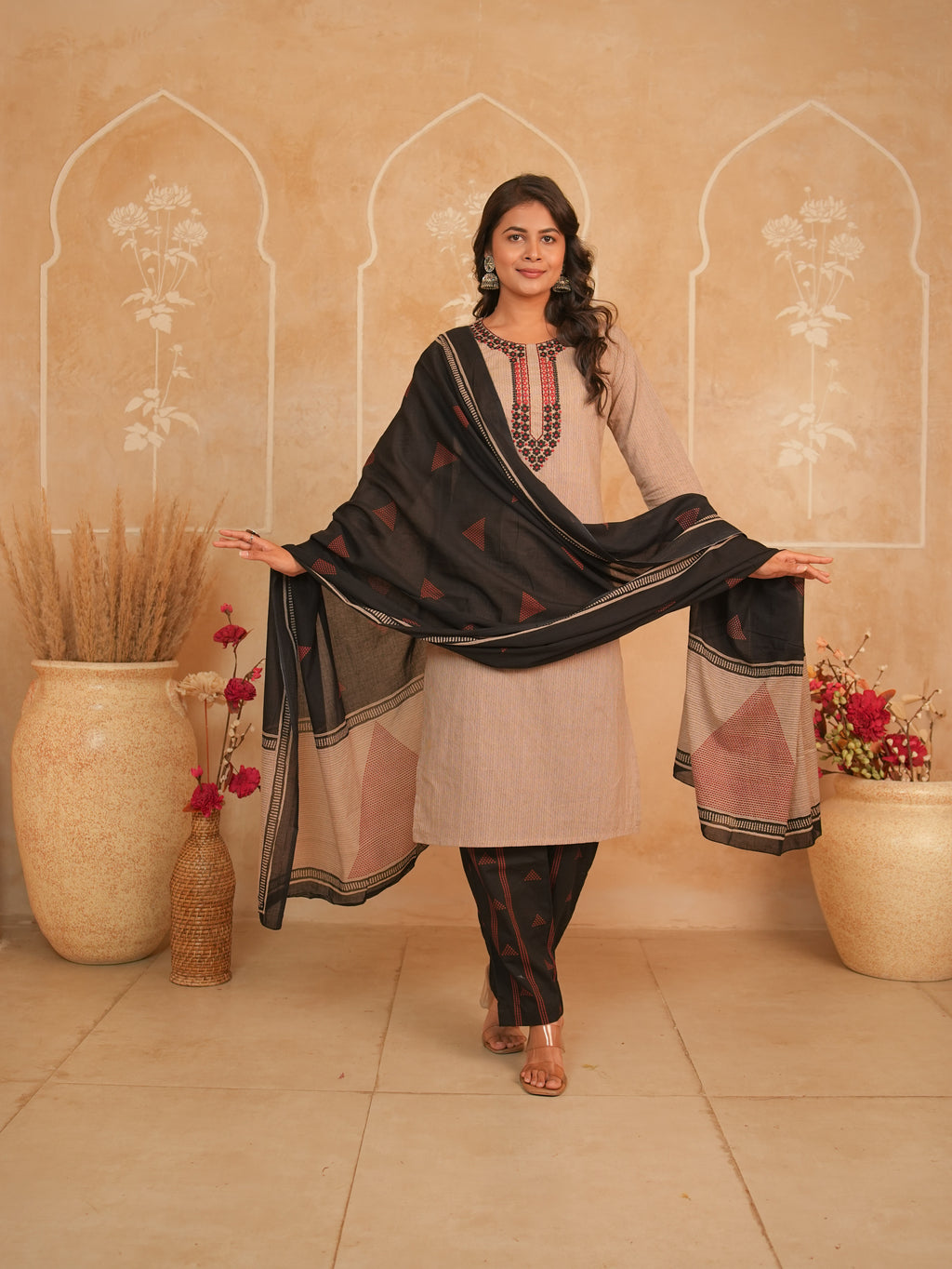 Beige Embroidered Cotton Kurti Set with Black Printed Palazzo | Gouri Jaipur