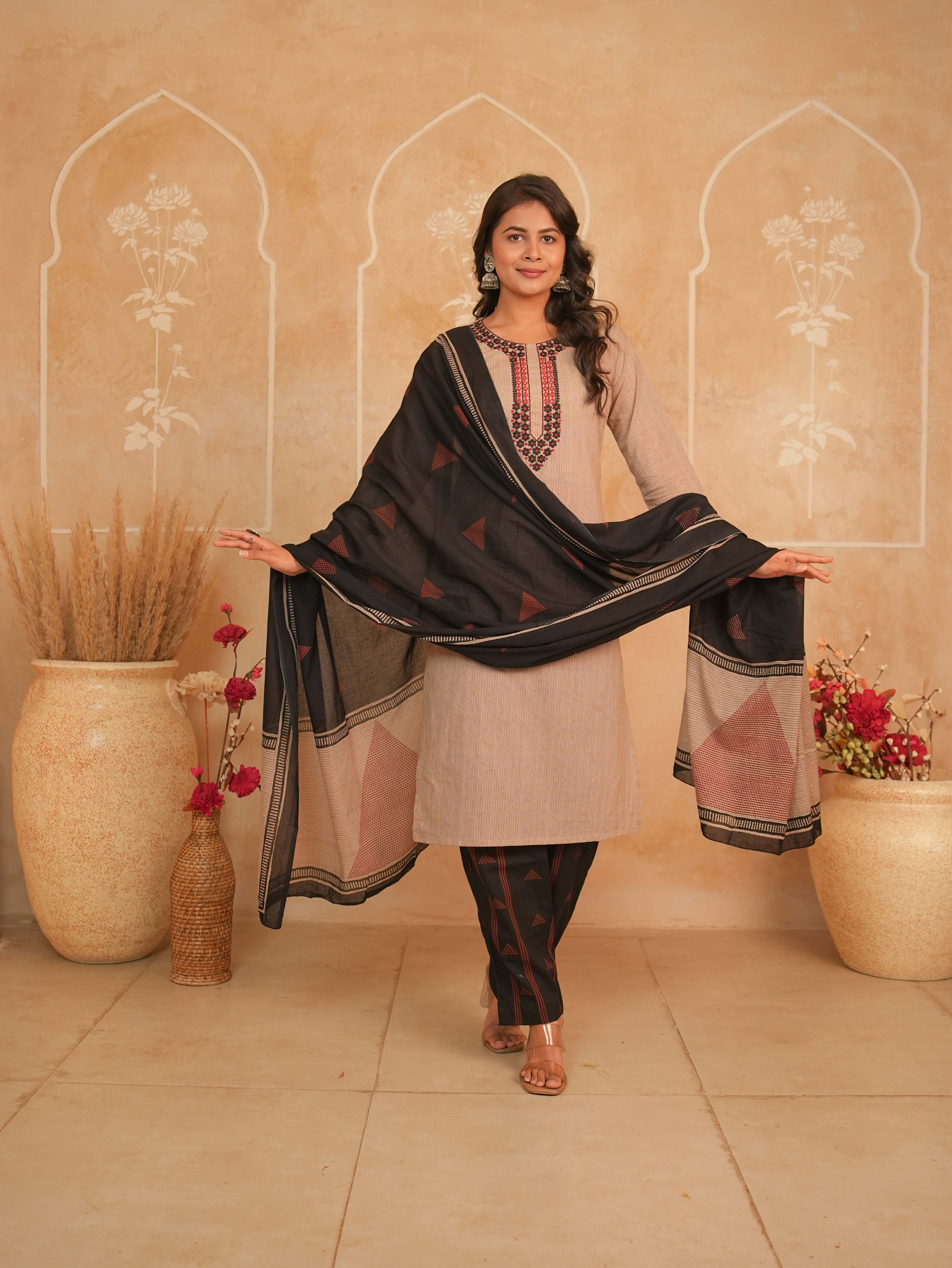 Beige Embroidered Cotton Kurti Set with Black Printed Palazzo | Gouri Jaipur