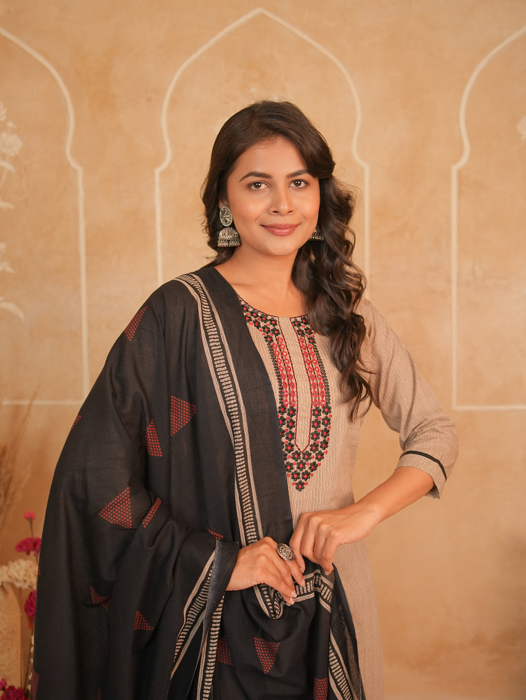 Beige Embroidered Cotton Kurti Set with Black Printed Palazzo | Gouri Jaipur