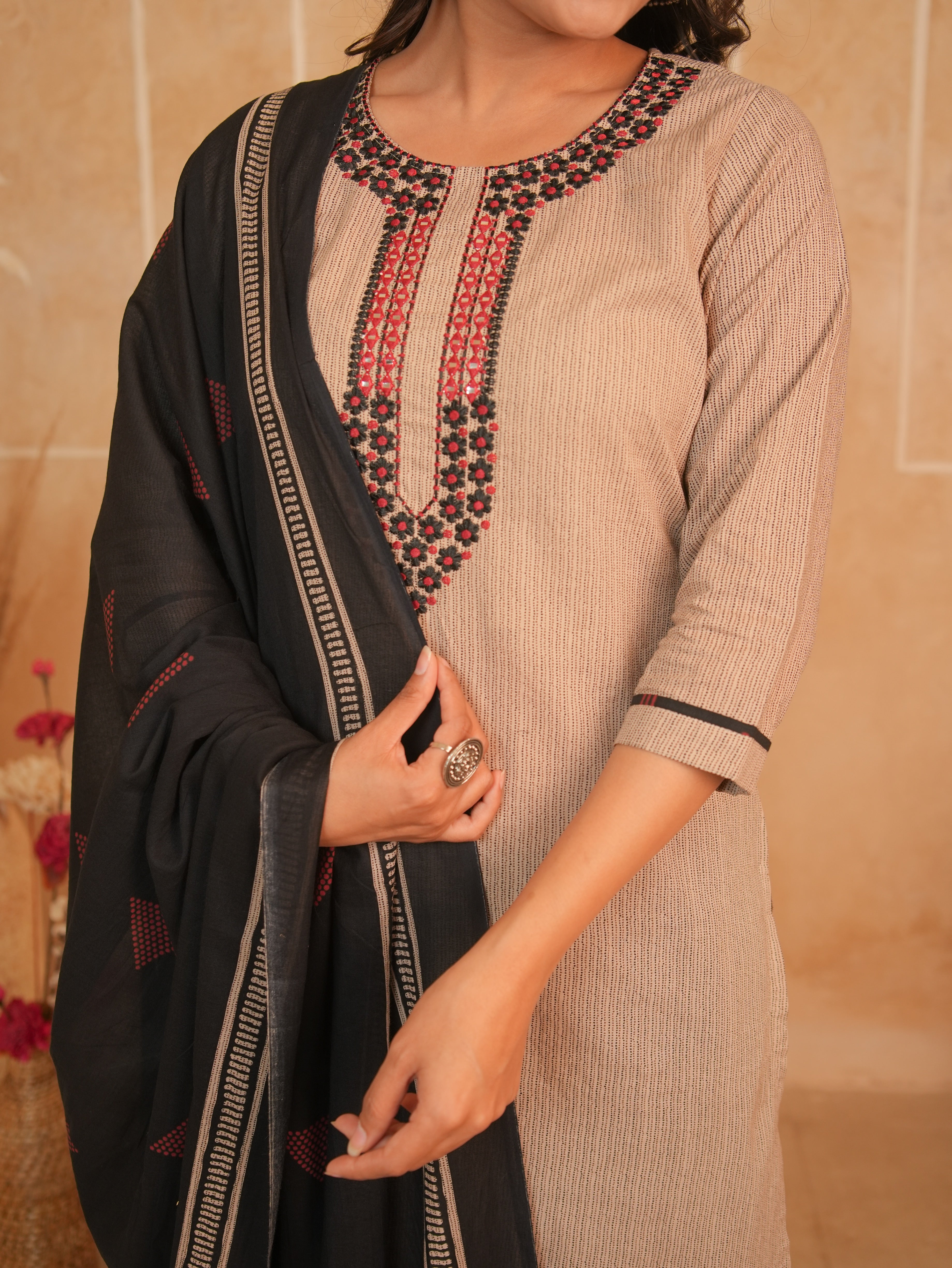 Beige Embroidered Cotton Kurti Set with Black Printed Palazzo | Gouri Jaipur