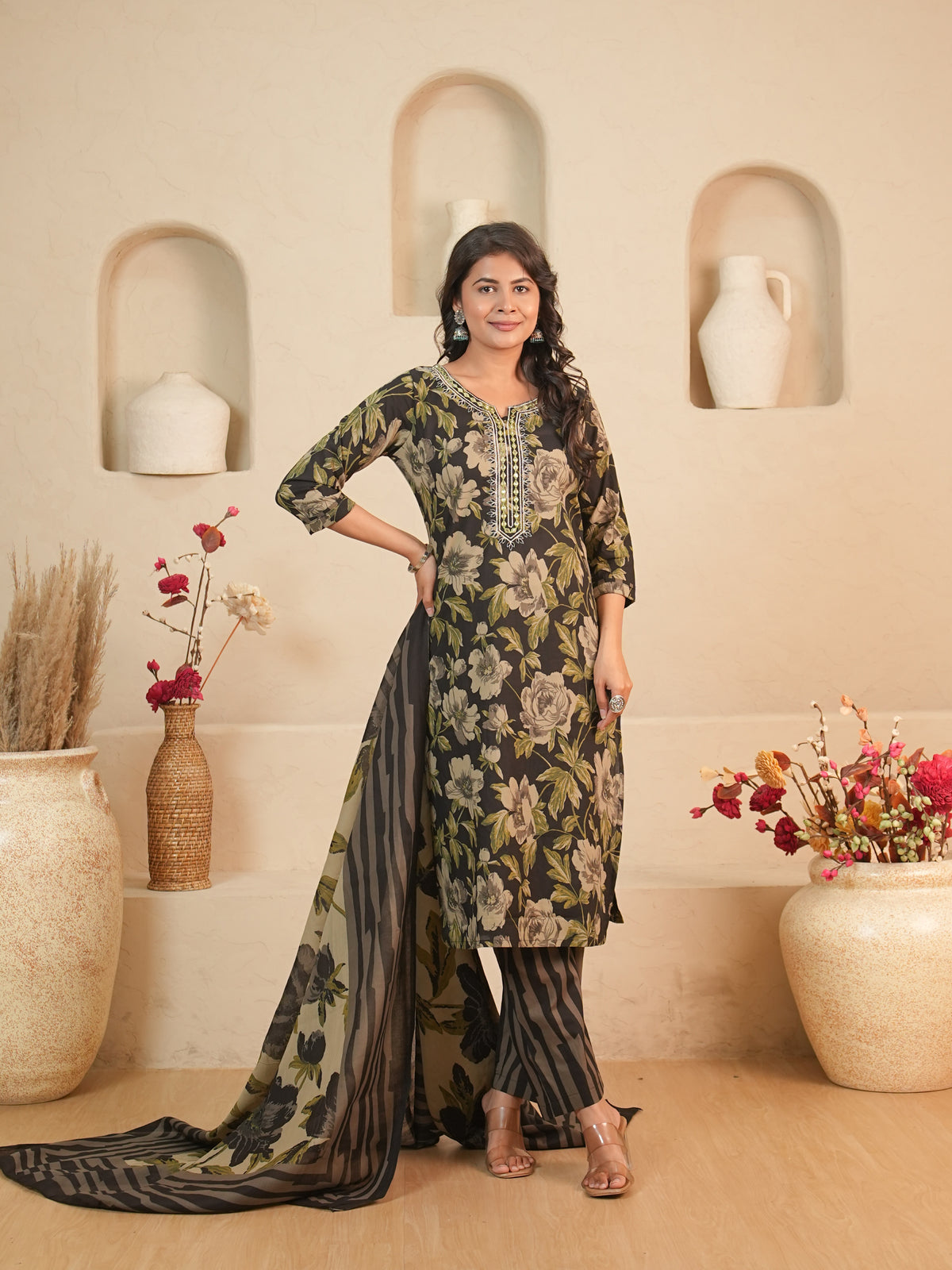 Black Floral Printed Pure Cotton Kurti Set | Gouri Jaipur