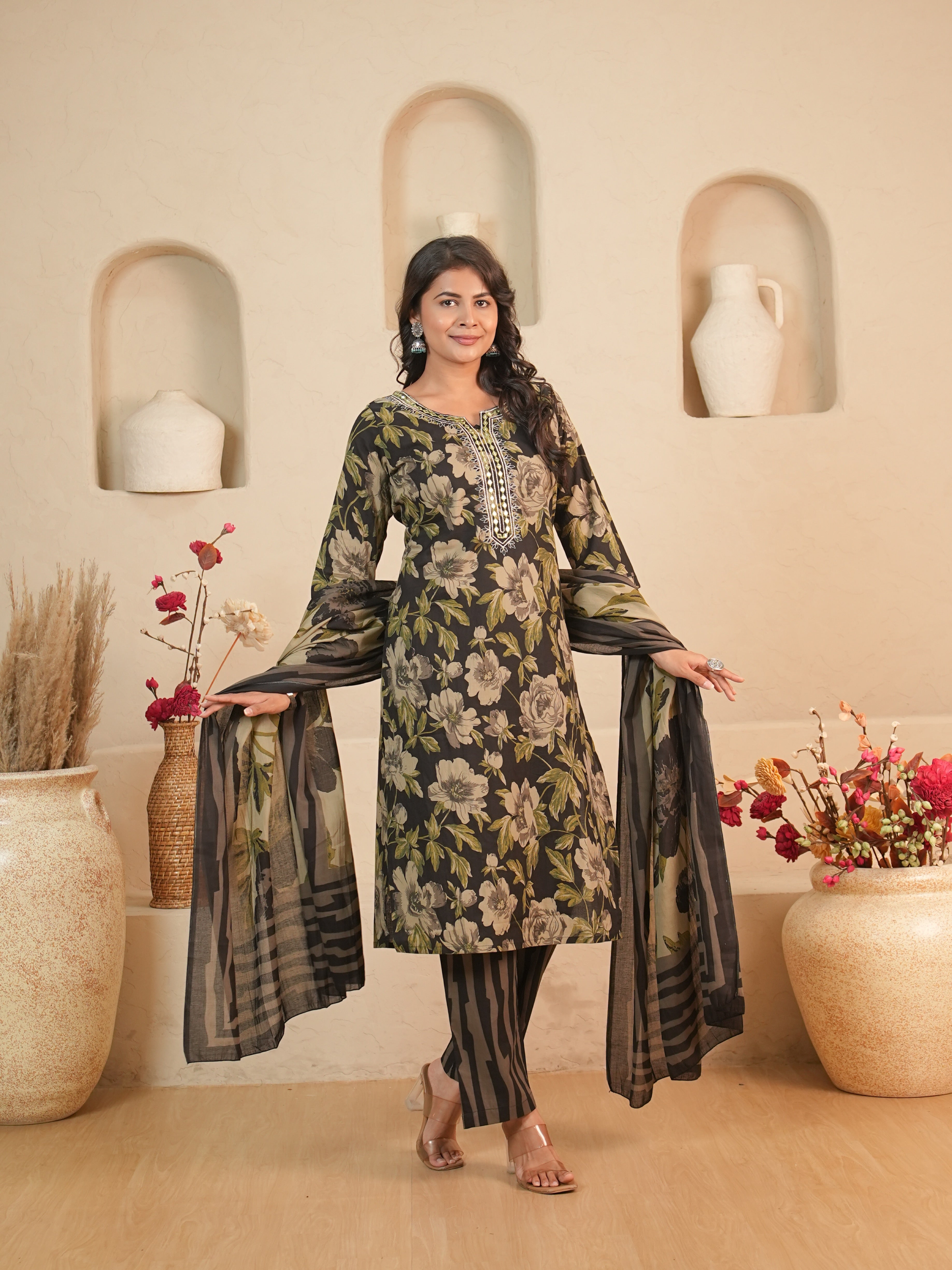 Black Floral Printed Pure Cotton Kurti Set | Gouri Jaipur