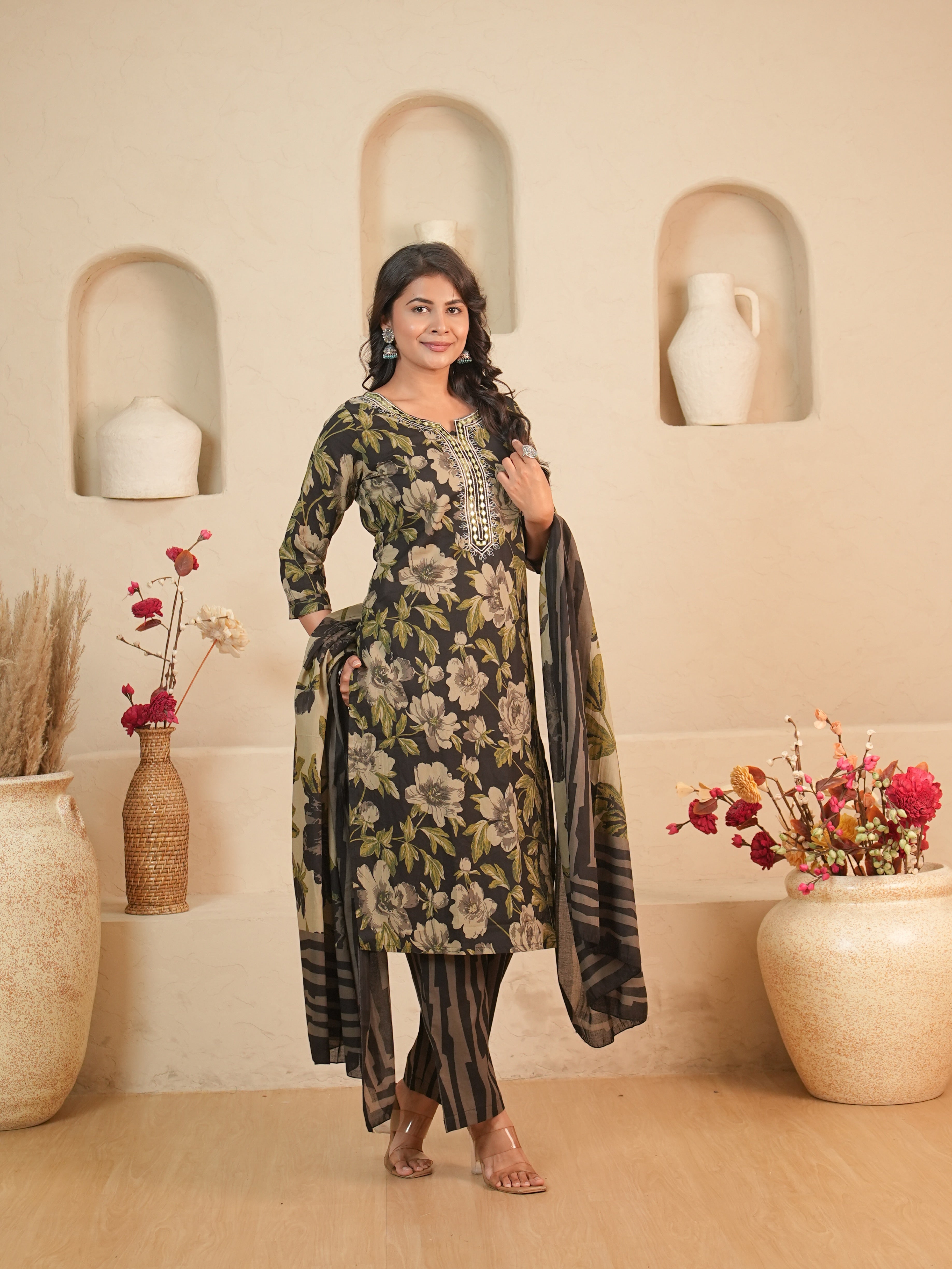 Black Floral Printed Pure Cotton Kurti Set | Gouri Jaipur