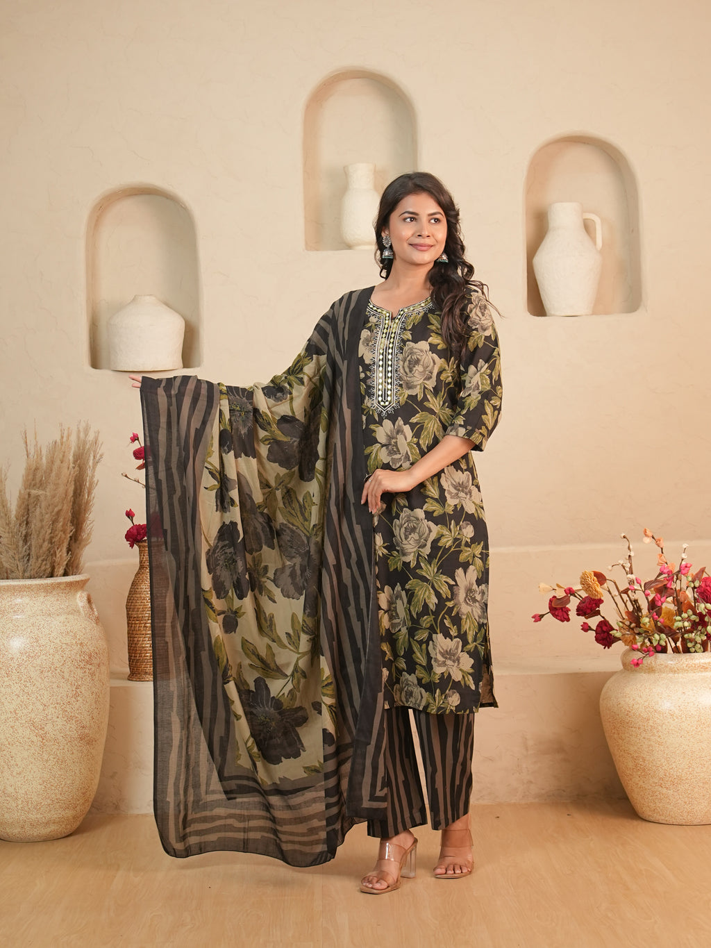 Black Floral Printed Pure Cotton Kurti Set | Gouri Jaipur