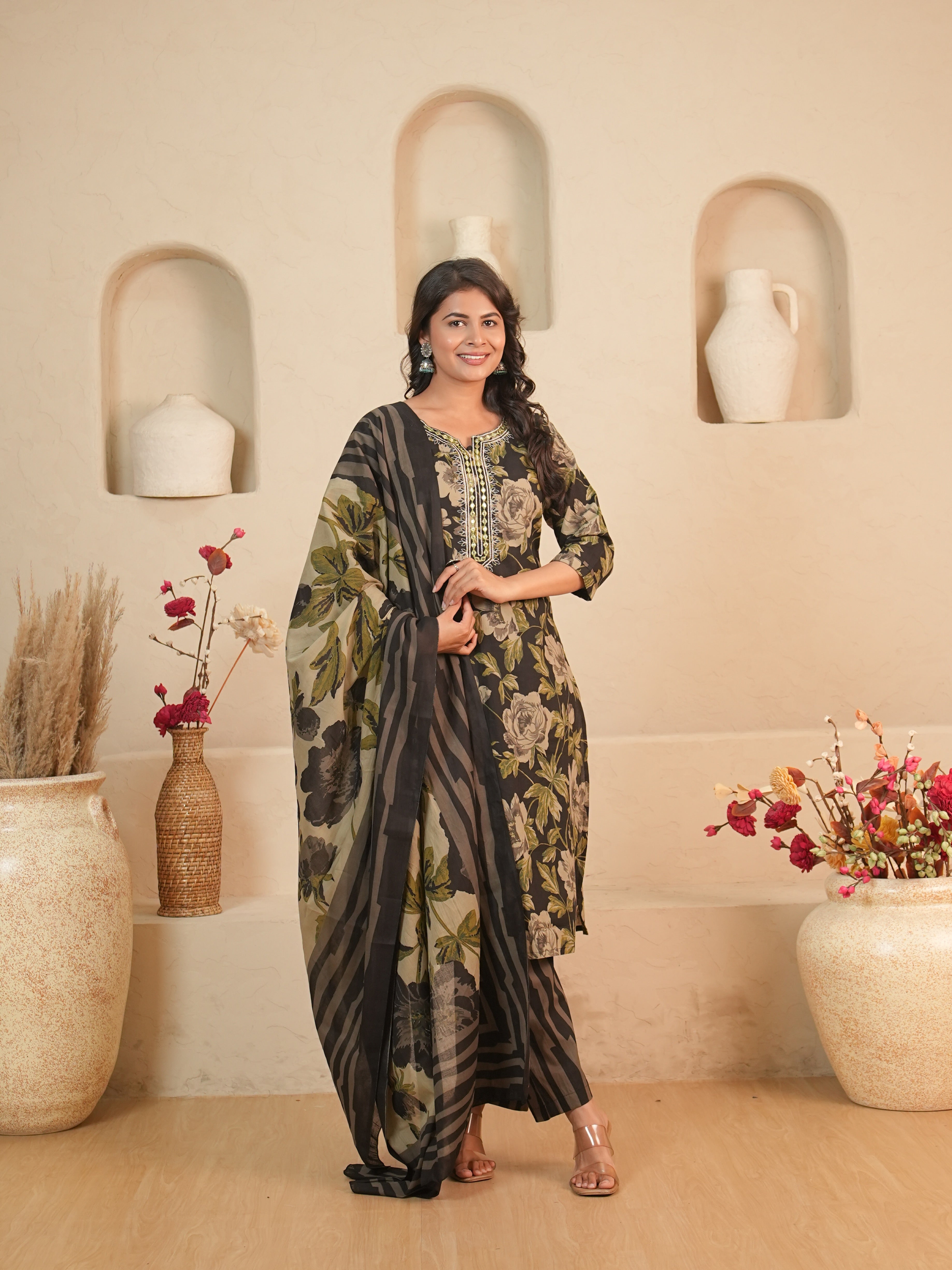 Black Floral Printed Pure Cotton Kurti Set | Gouri Jaipur