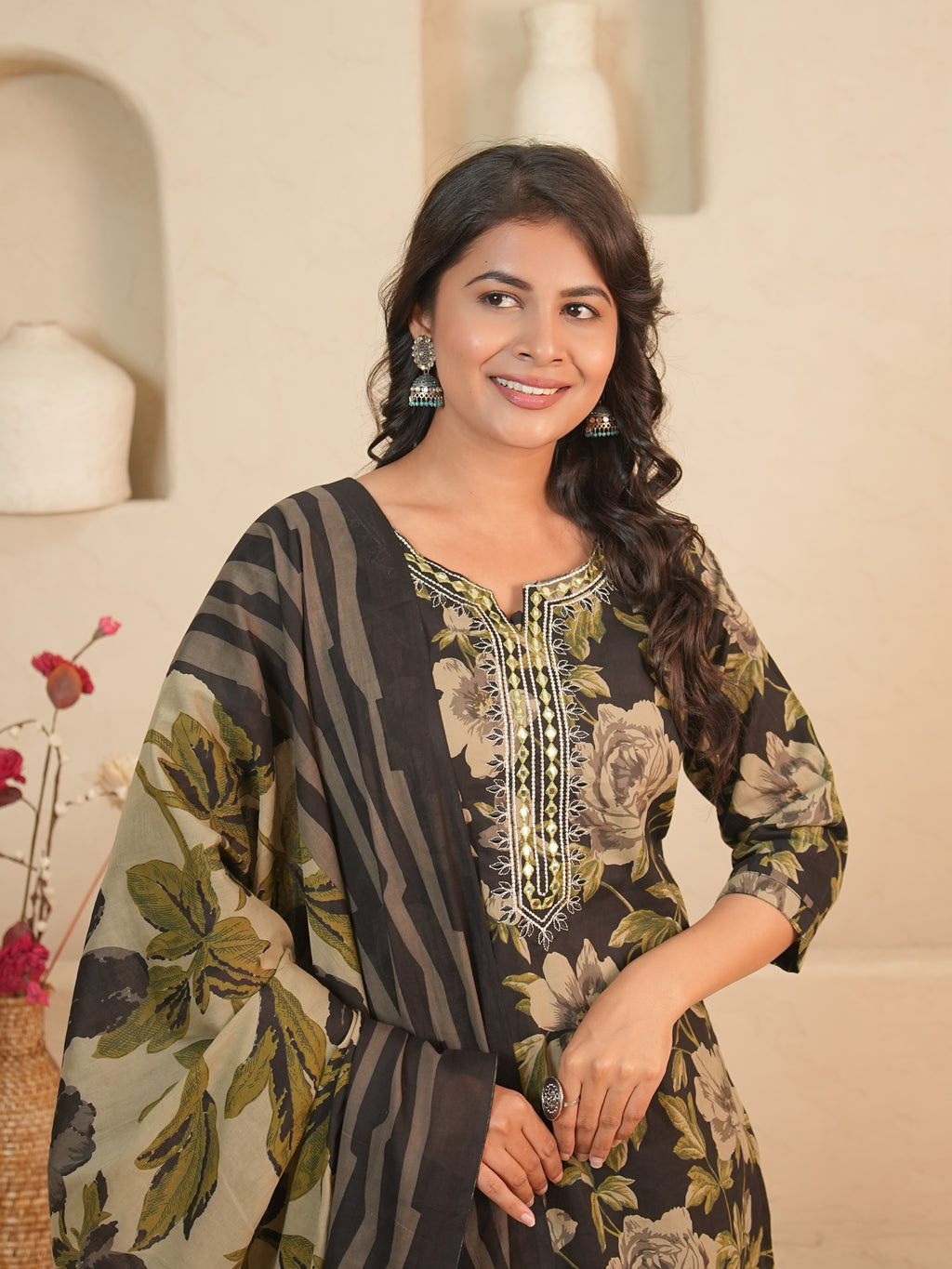 Black Floral Printed Pure Cotton Kurti Set | Gouri Jaipur