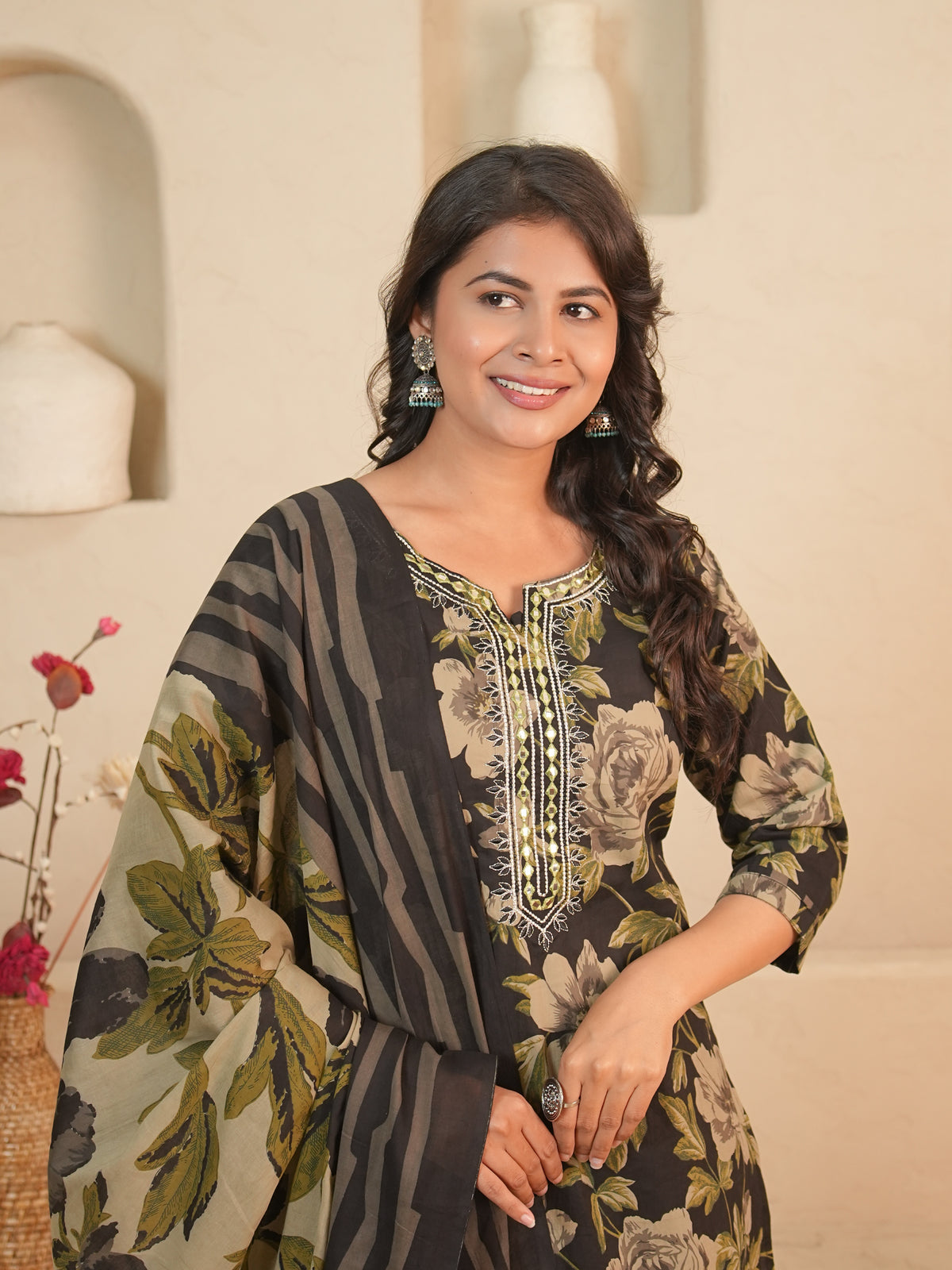 Black Floral Printed Pure Cotton Kurti Set | Gouri Jaipur