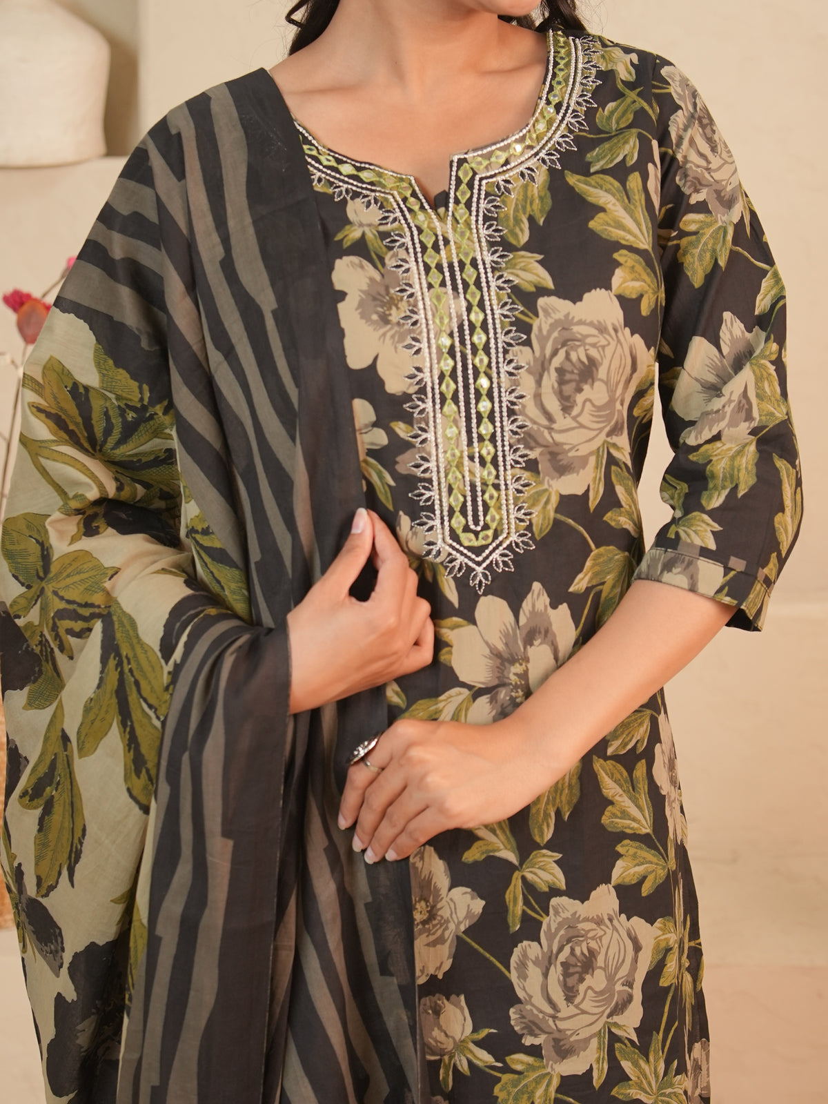 Black Floral Printed Pure Cotton Kurti Set | Gouri Jaipur
