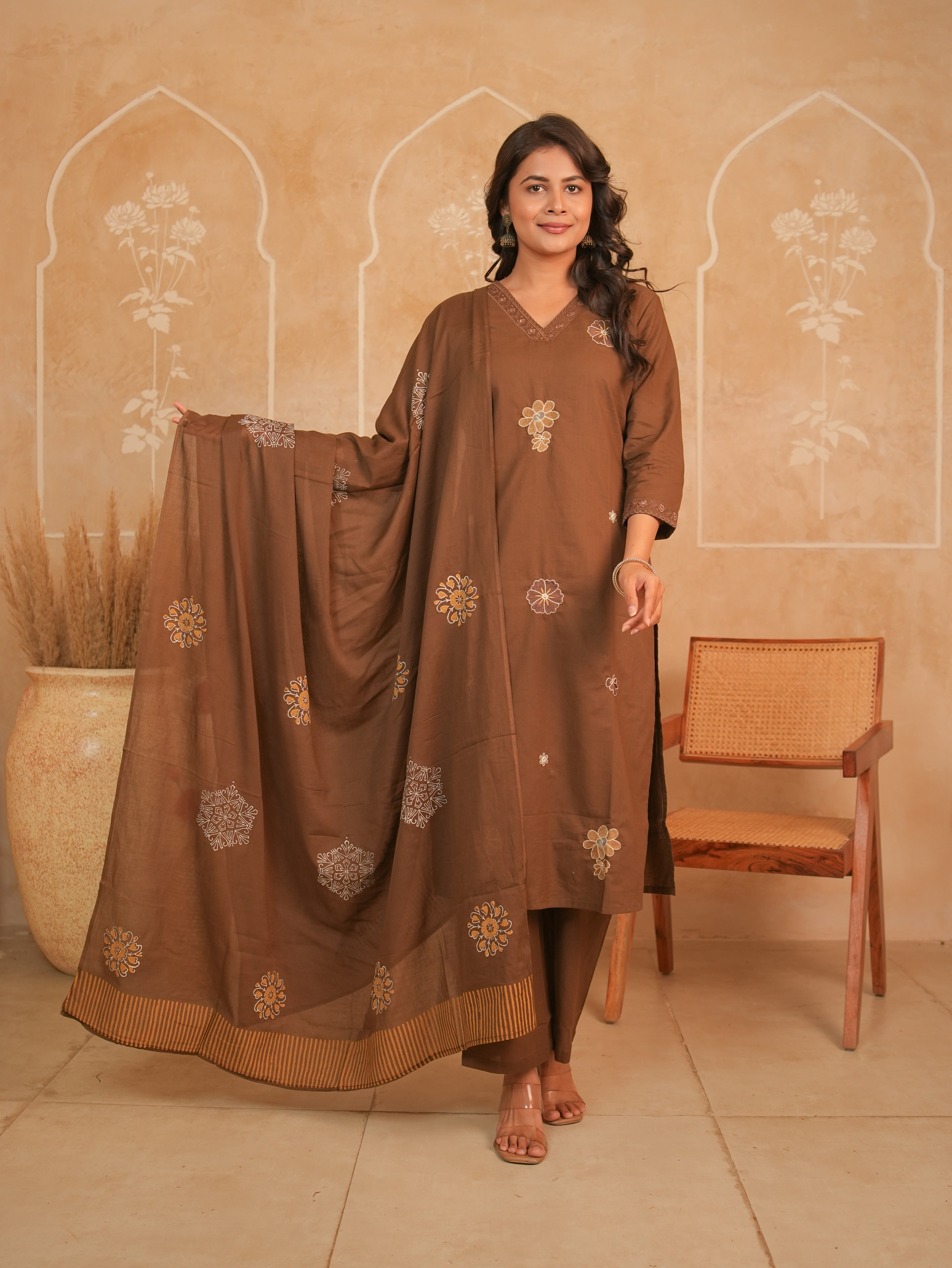 Brown Floral Embroidered Pure Cotton Kurti Set with Dupatta | Gouri Jaipur