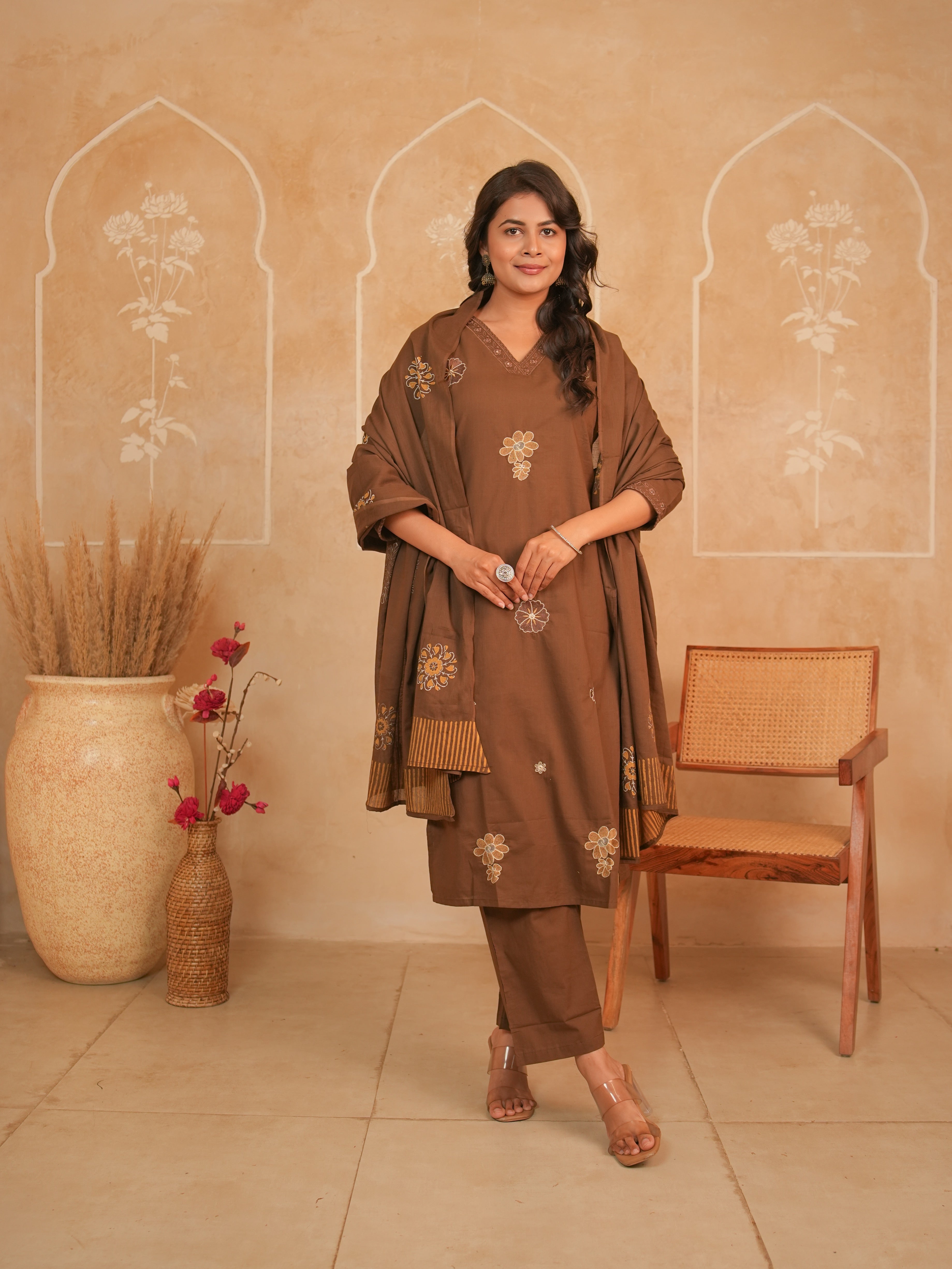 Brown Floral Embroidered Pure Cotton Kurti Set with Dupatta | Gouri Jaipur