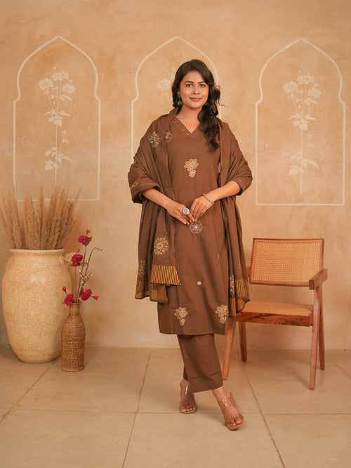Brown Floral Embroidered Pure Cotton Kurti Set with Dupatta | Gouri Jaipur