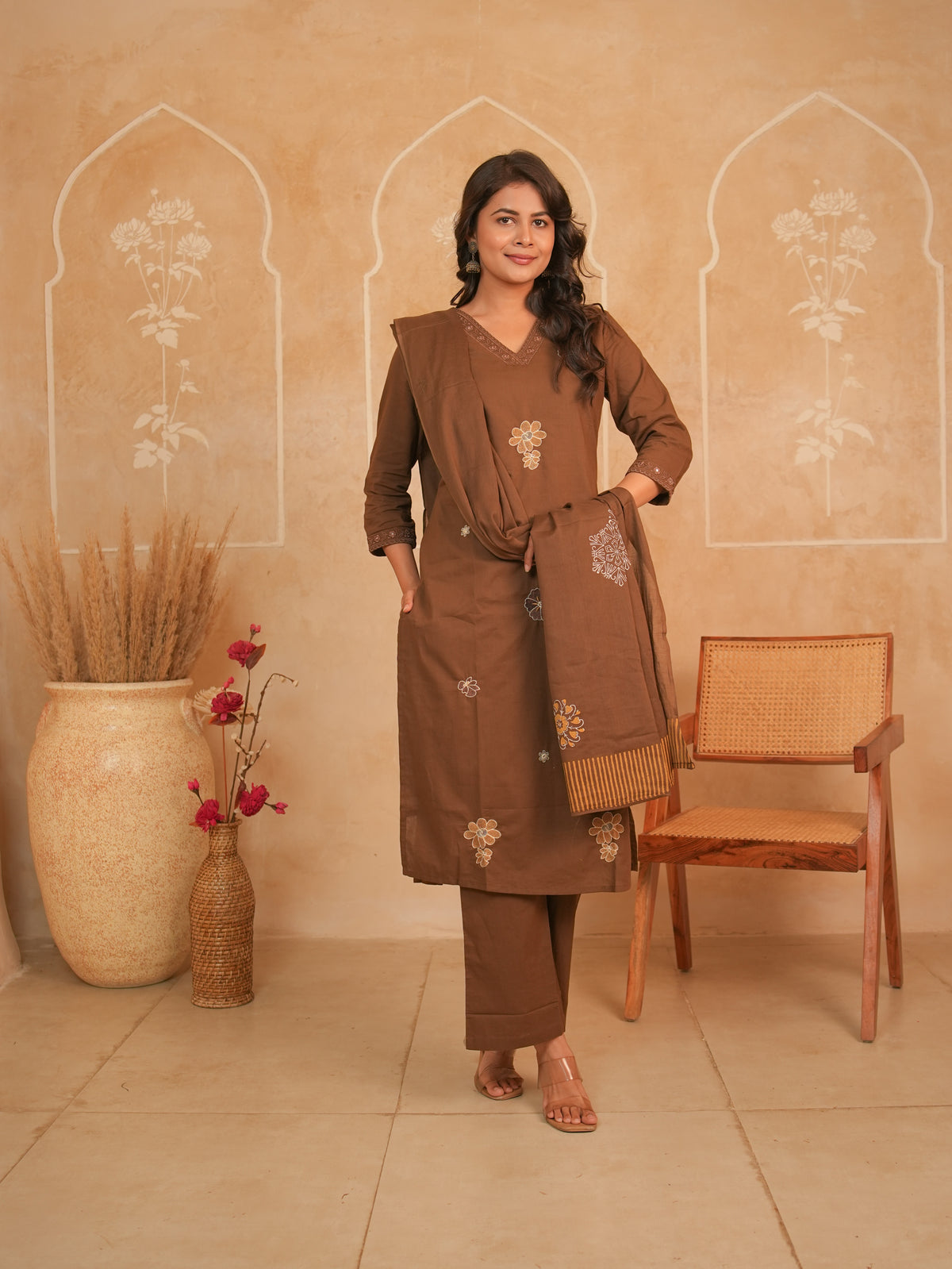 Brown Floral Embroidered Pure Cotton Kurti Set with Dupatta | Gouri Jaipur