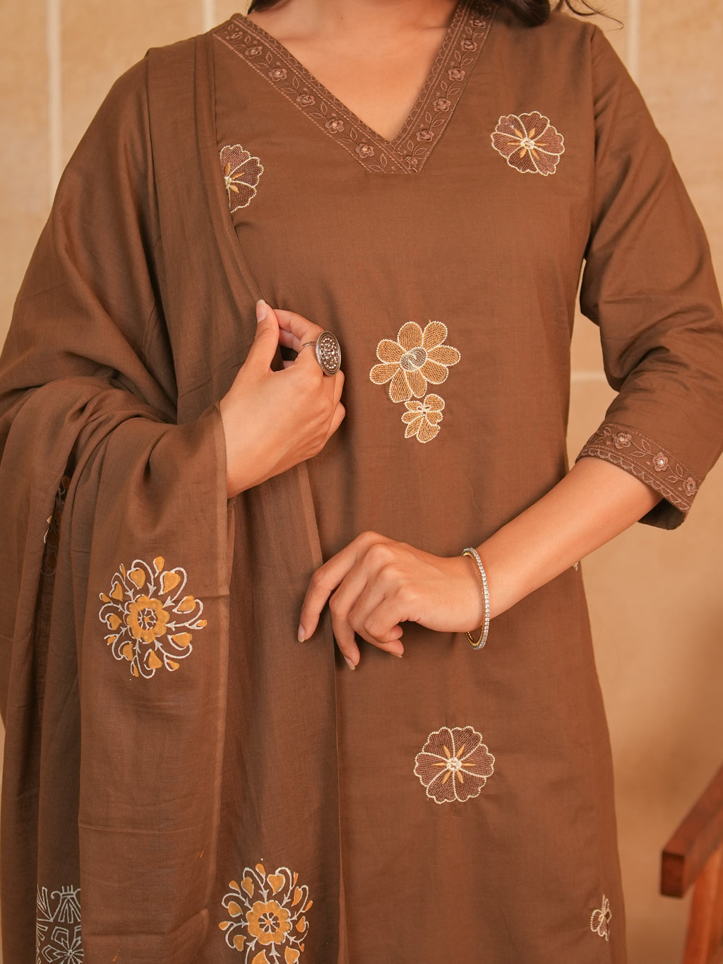Brown Floral Embroidered Pure Cotton Kurti Set with Dupatta | Gouri Jaipur