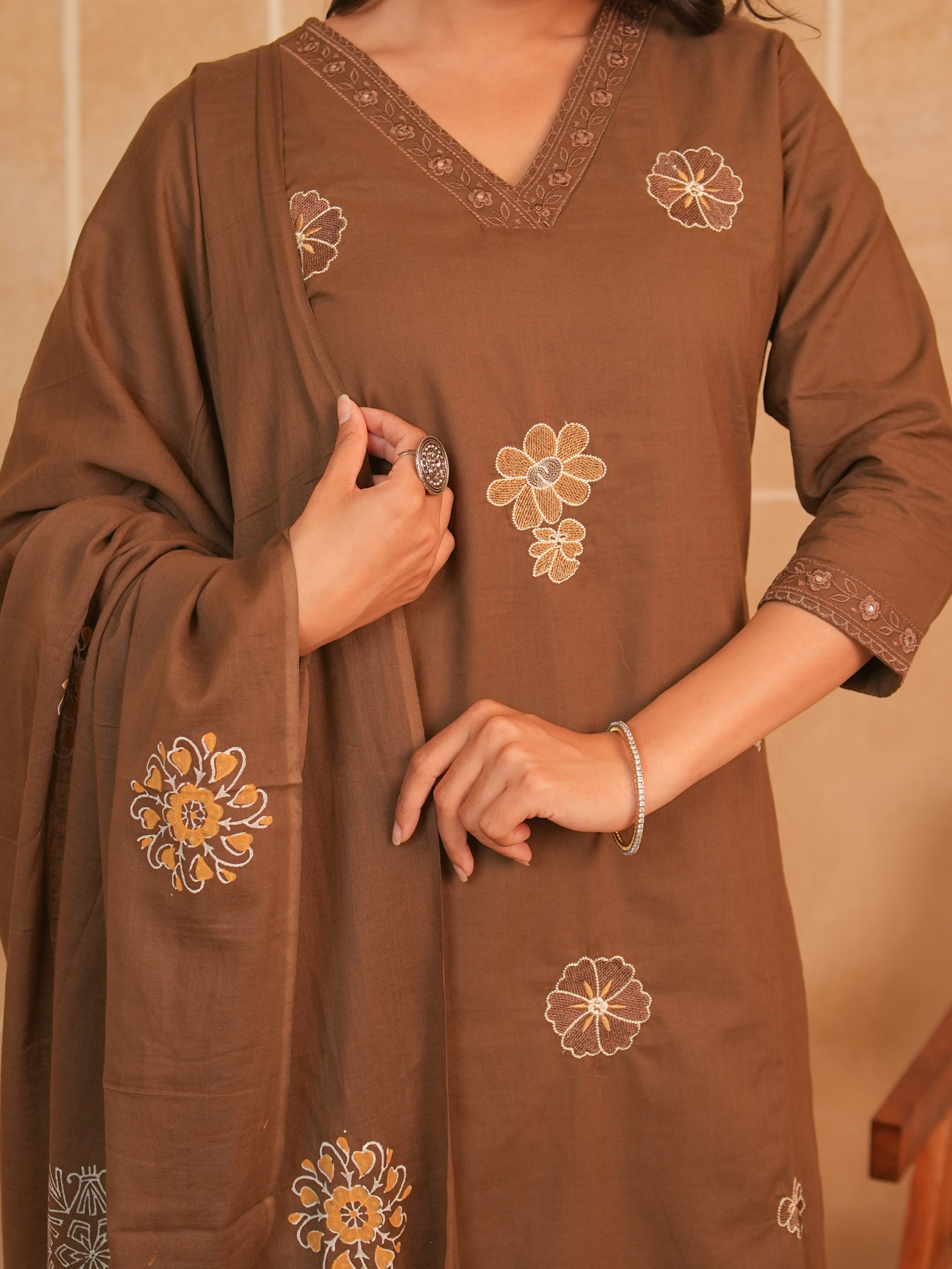 Brown Floral Embroidered Pure Cotton Kurti Set with Dupatta | Gouri Jaipur