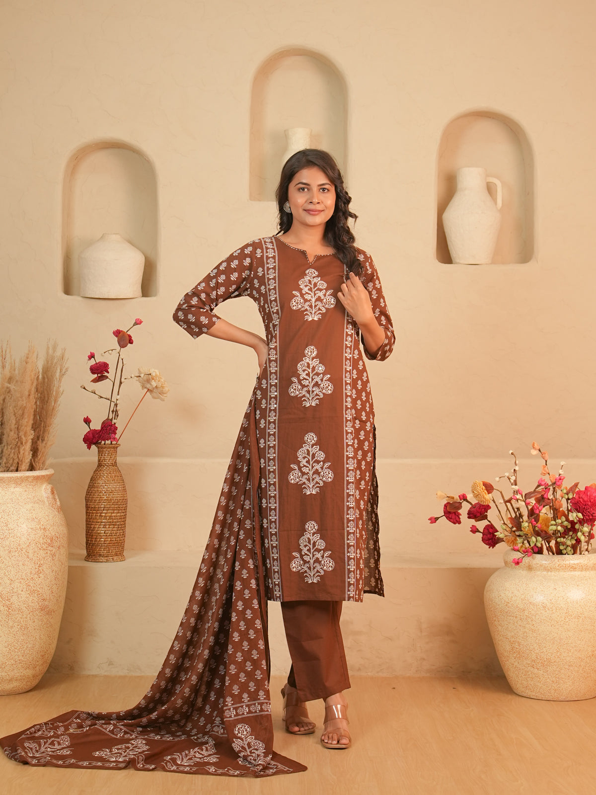 Brown Floral Printed Pure Cotton Kurti Set | Gouri Jaipur