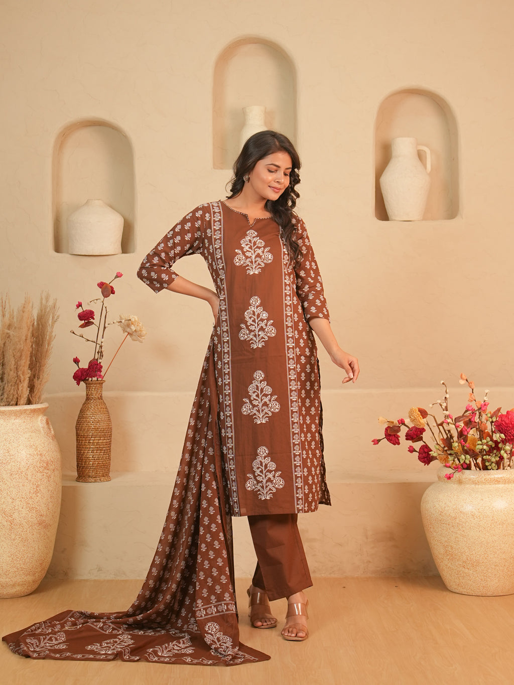 Brown Floral Printed Pure Cotton Kurti Set | Gouri Jaipur