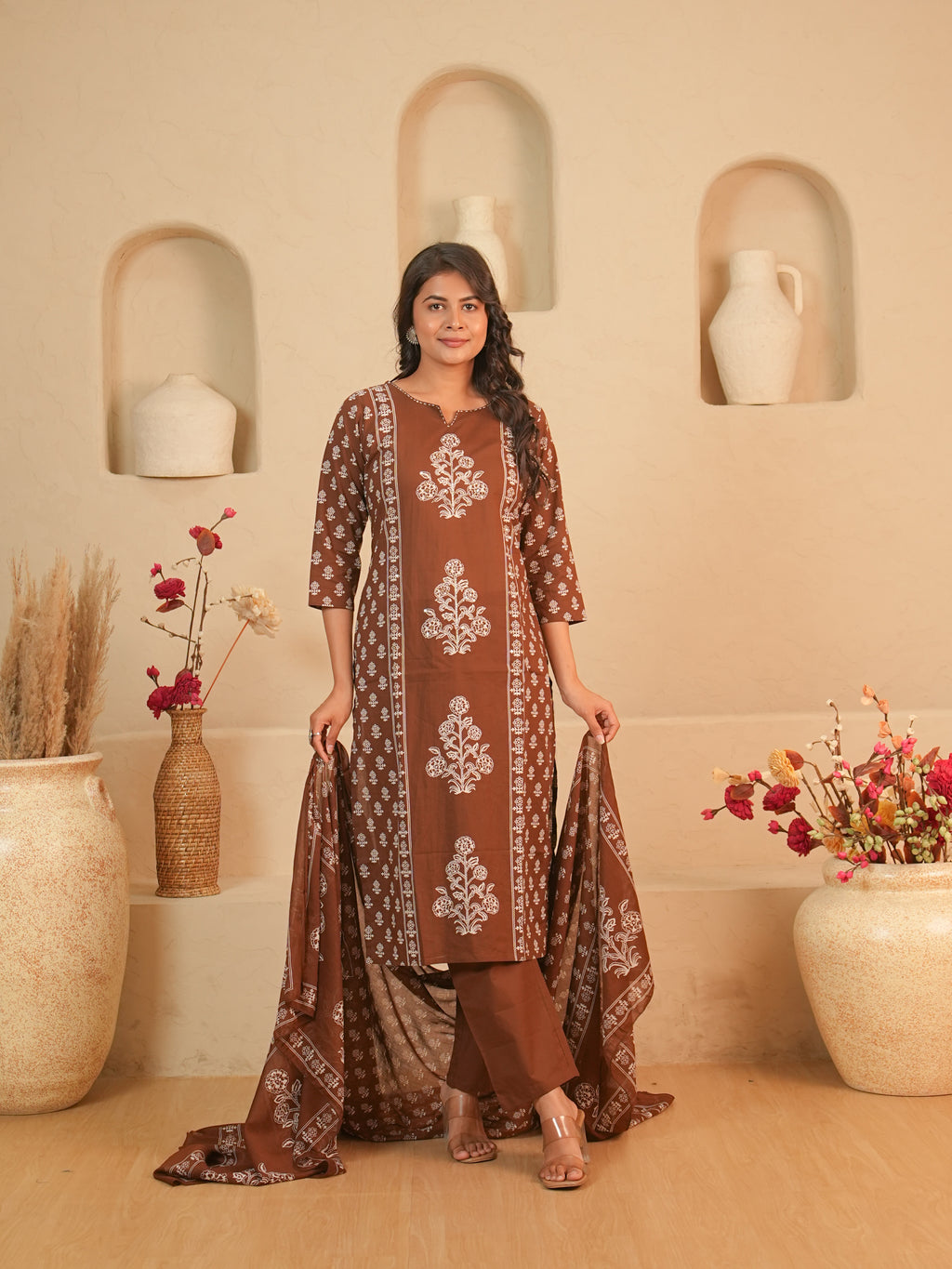 Brown Floral Printed Pure Cotton Kurti Set | Gouri Jaipur