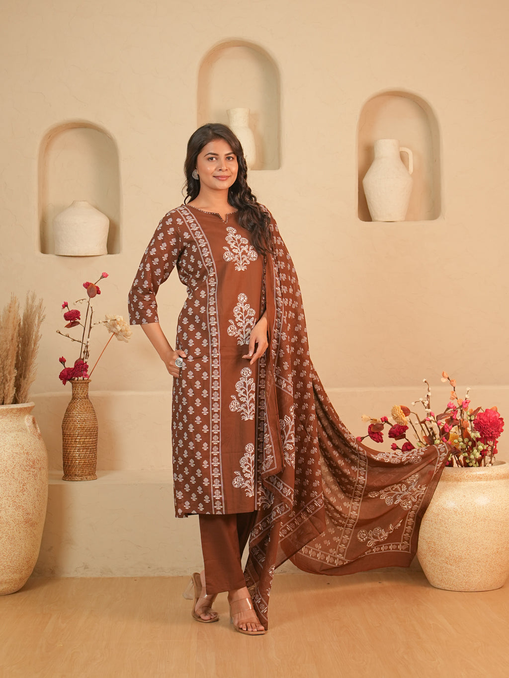 Brown Floral Printed Pure Cotton Kurti Set | Gouri Jaipur