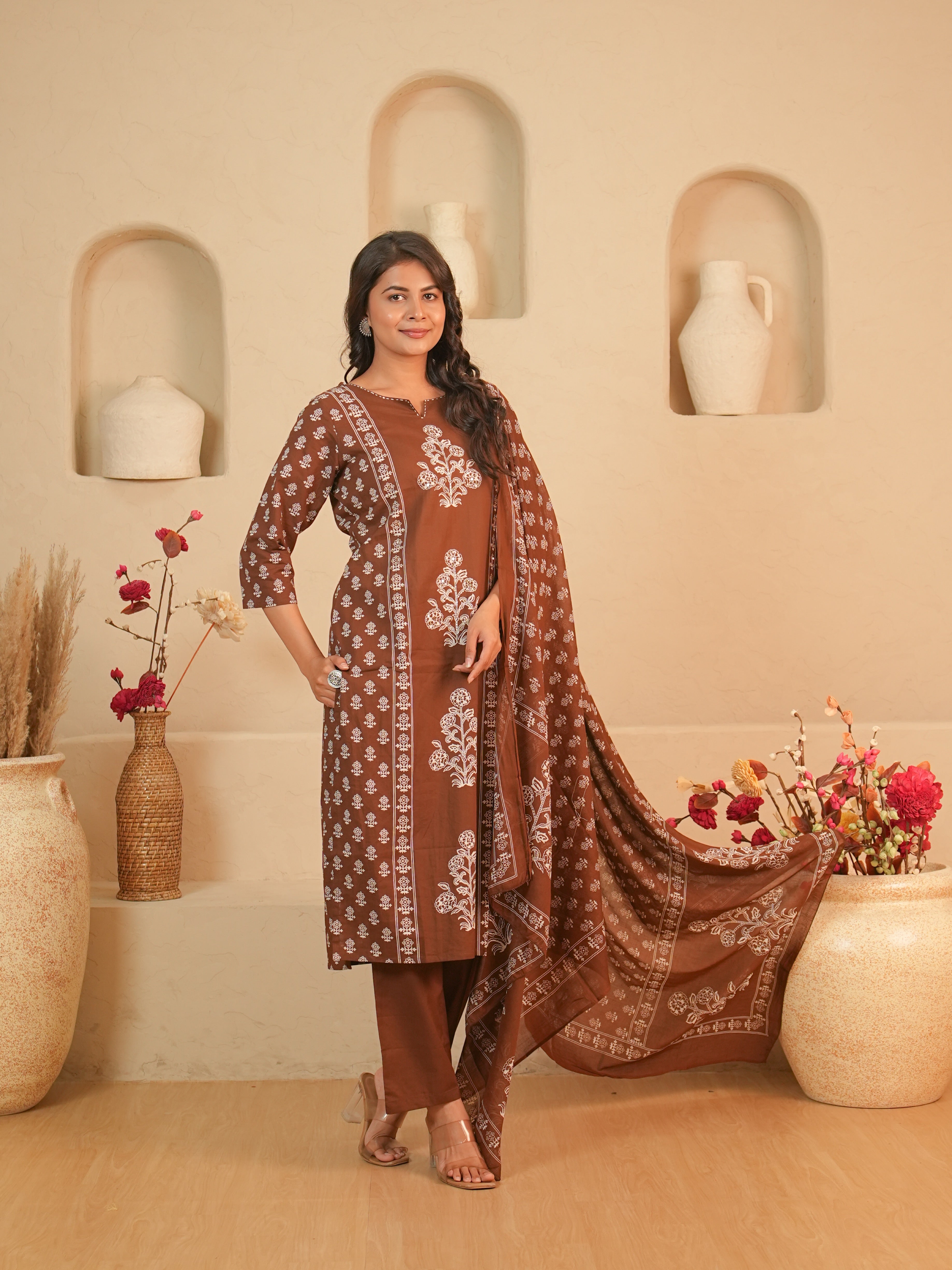 Brown Floral Printed Pure Cotton Kurti Set | Gouri Jaipur