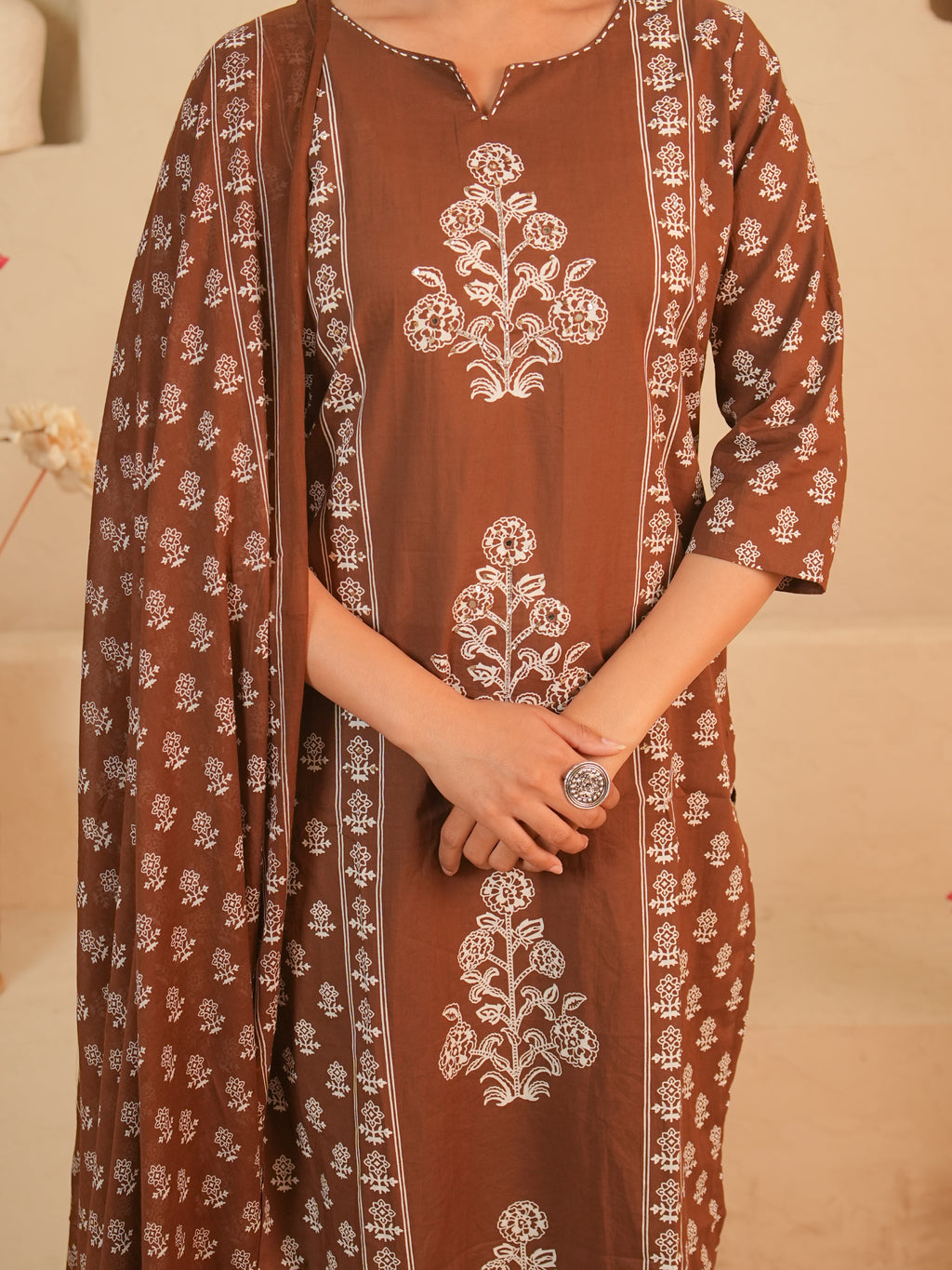 Brown Floral Printed Pure Cotton Kurti Set | Gouri Jaipur