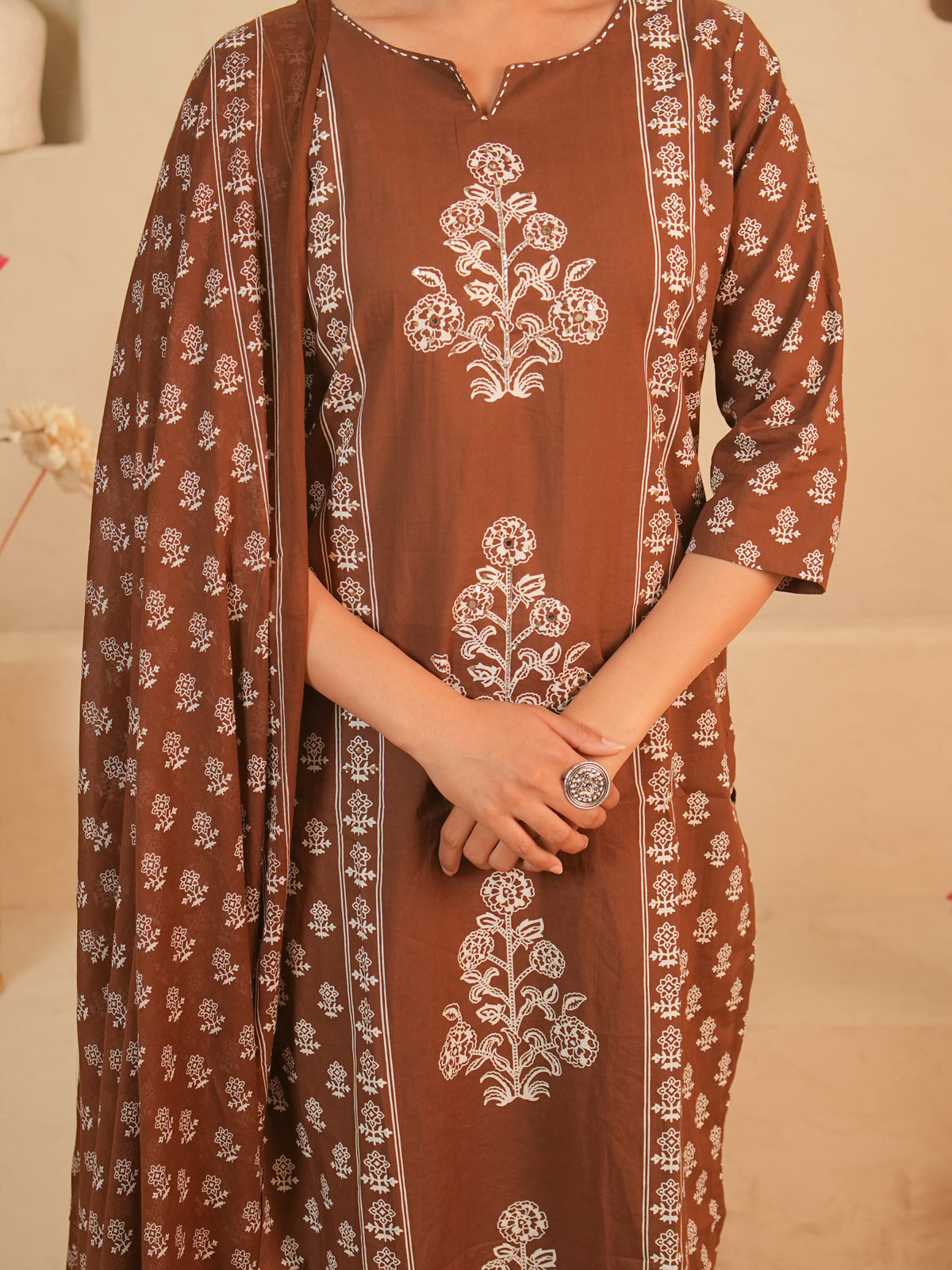 Brown Floral Printed Pure Cotton Kurti Set | Gouri Jaipur
