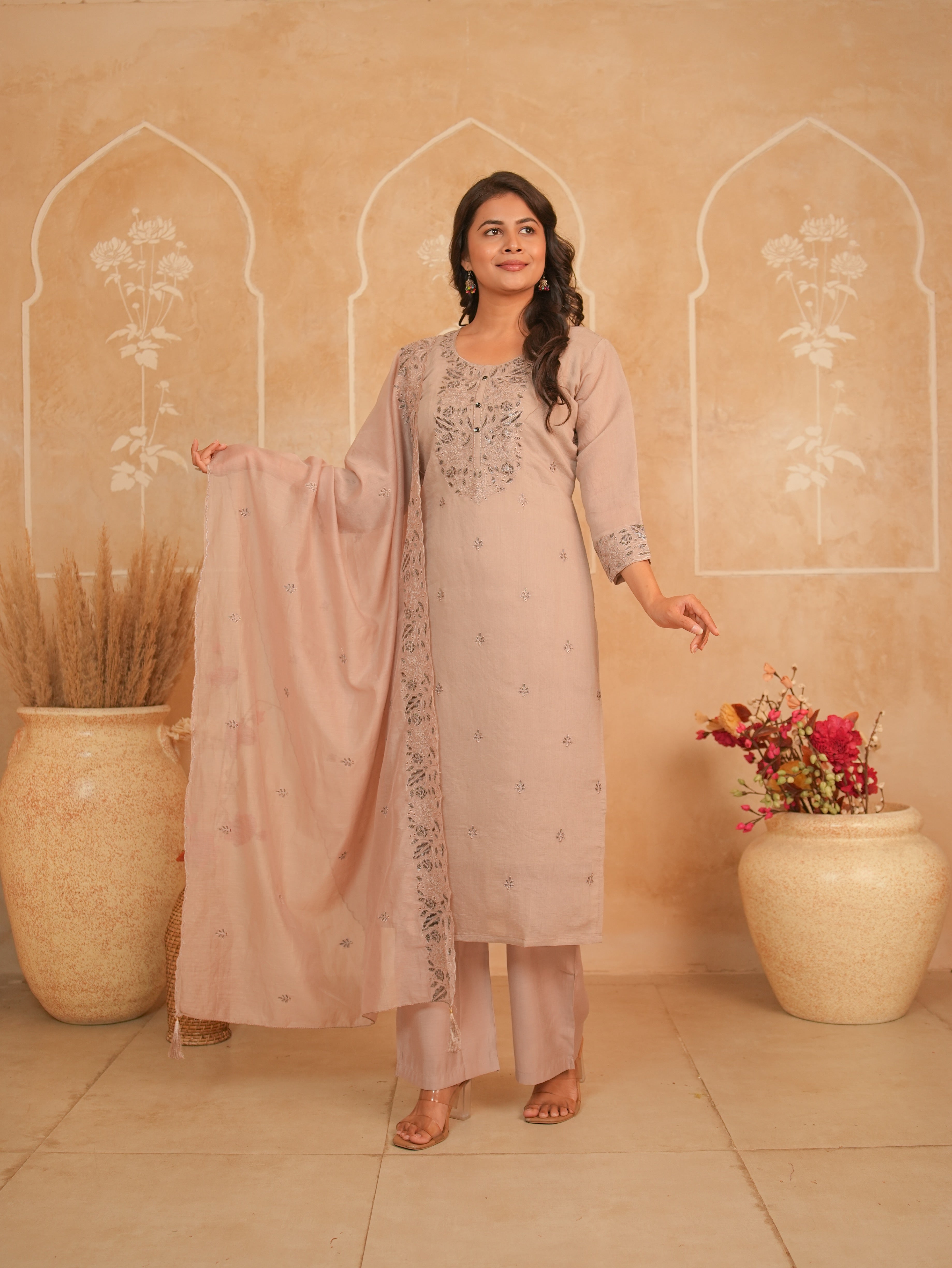 Dusty Mauve Embroidered Mul Chanderi Kurti Set | Gouri Jaipur