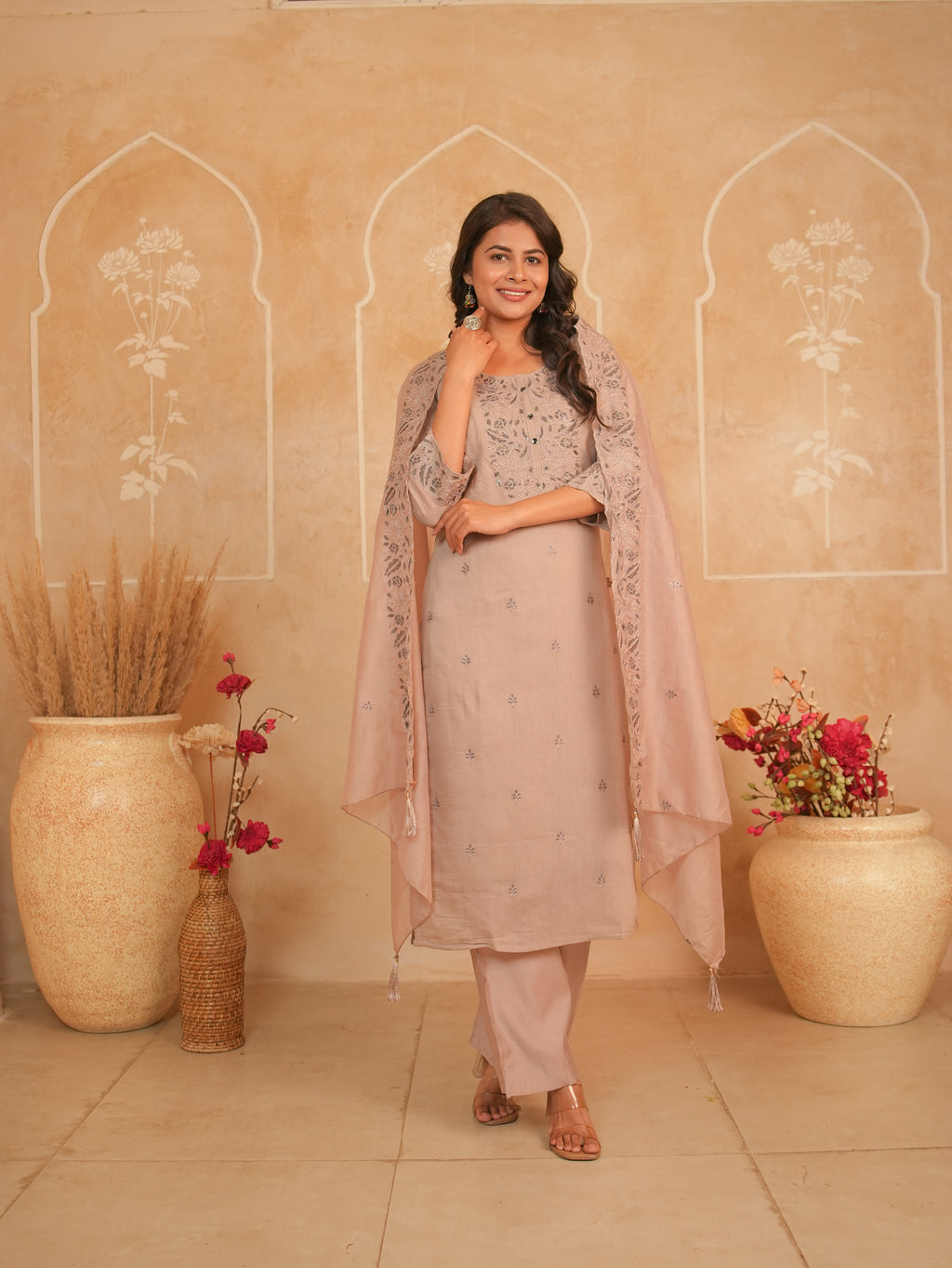 Dusty Mauve Embroidered Mul Chanderi Kurti Set | Gouri Jaipur