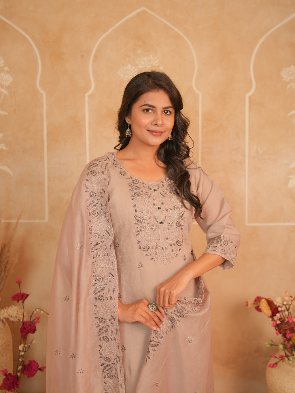 Dusty Mauve Embroidered Mul Chanderi Kurti Set | Gouri Jaipur