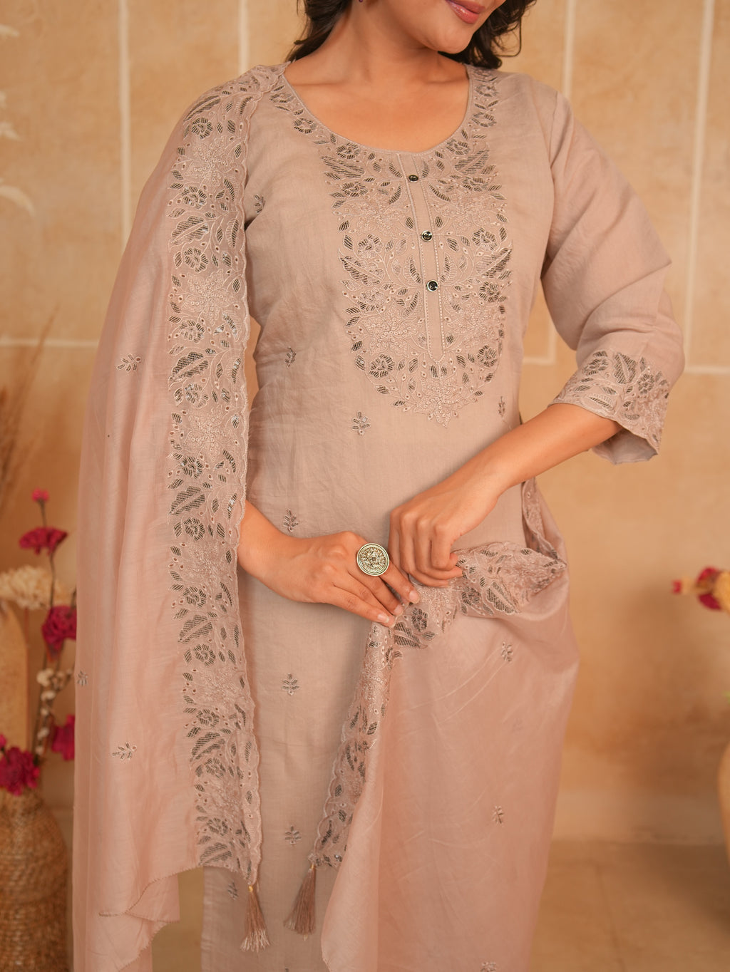 Dusty Mauve Embroidered Mul Chanderi Kurti Set | Gouri Jaipur