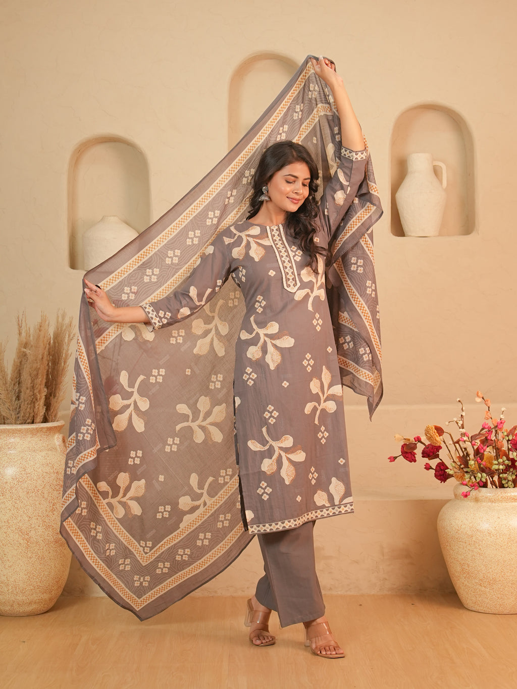 Grey Printed Pure Cotton Kurti Set | Gouri Jaipur