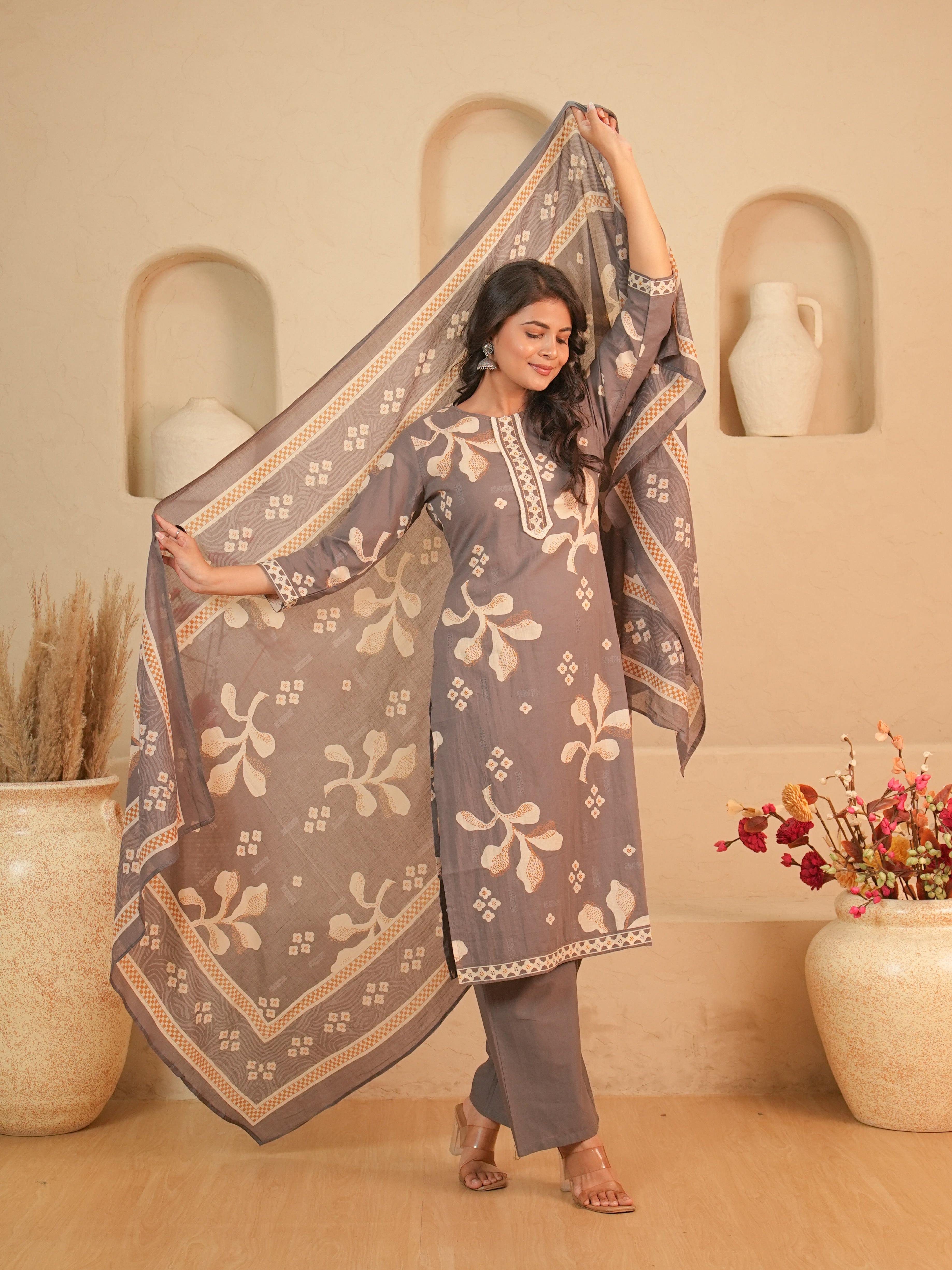 Grey Printed Pure Cotton Kurti Set | Gouri Jaipur