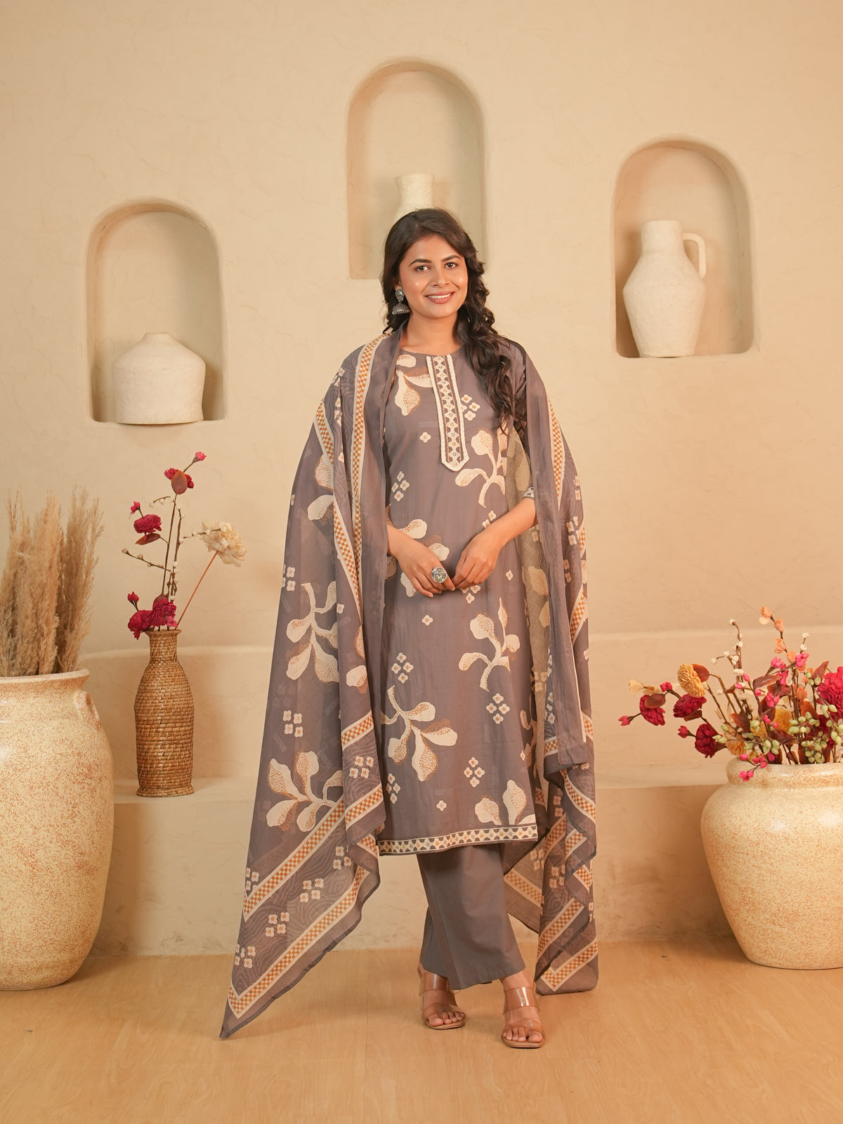 Grey Printed Pure Cotton Kurti Set | Gouri Jaipur