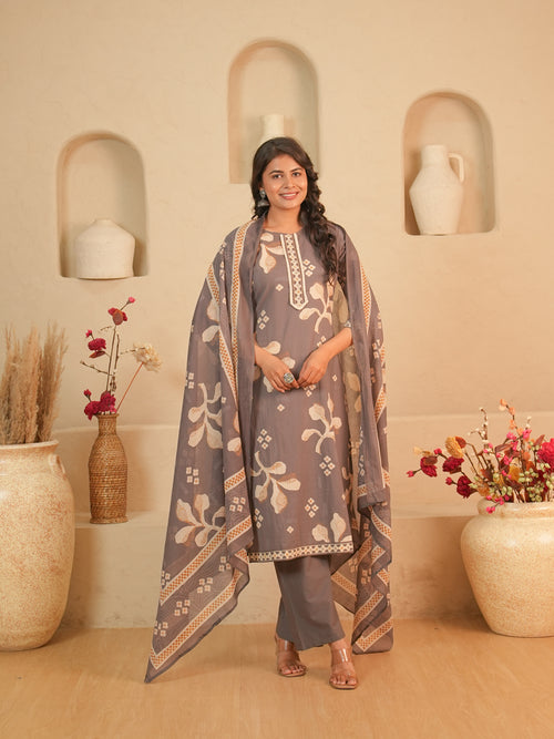 Grey Printed Pure Cotton Kurti Set | Gouri Jaipur